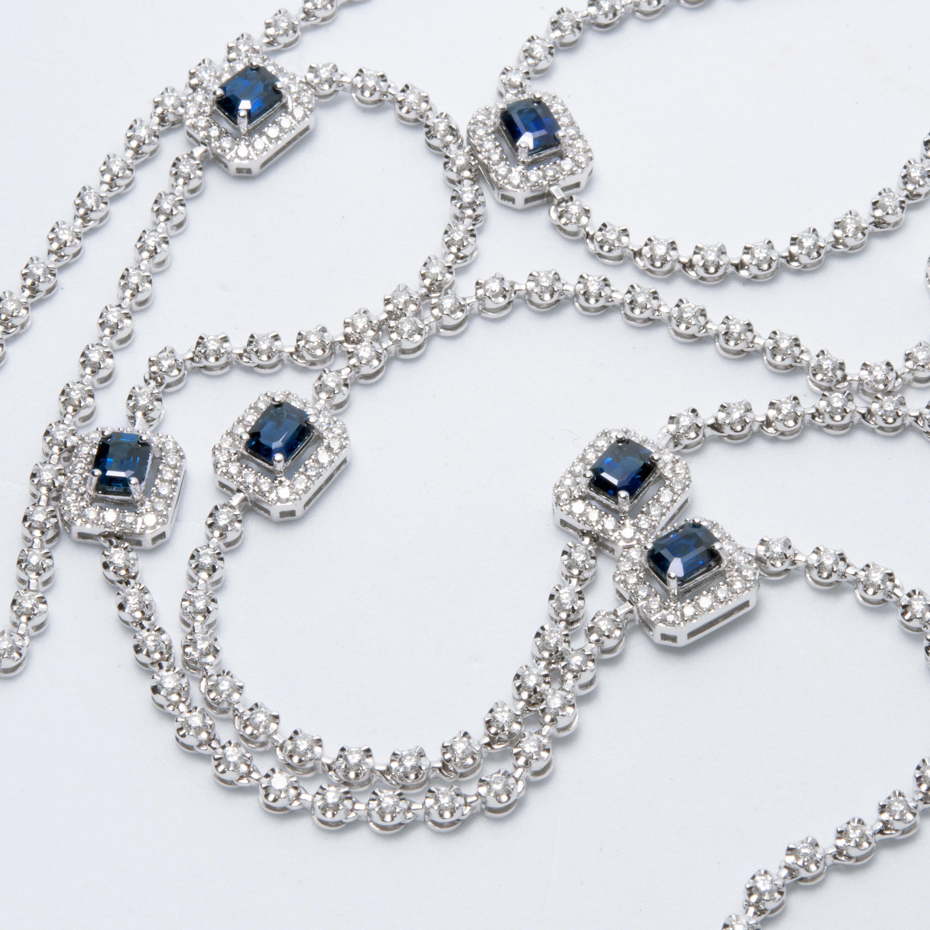 Contemporary Diamond and Sapphire Necklace, 18 Karat White Gold For Sale