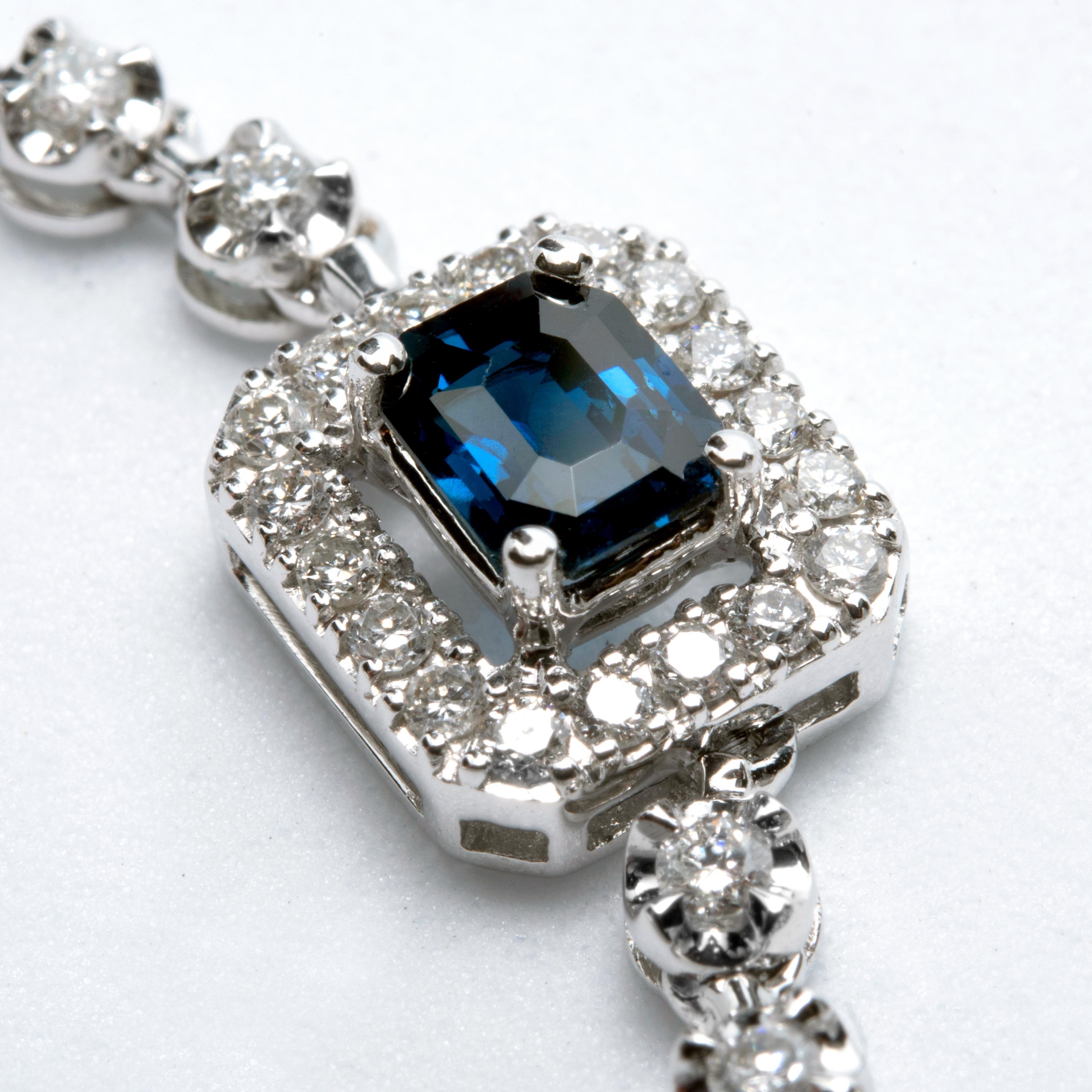 Cushion Cut Diamond and Sapphire Necklace, 18 Karat White Gold For Sale