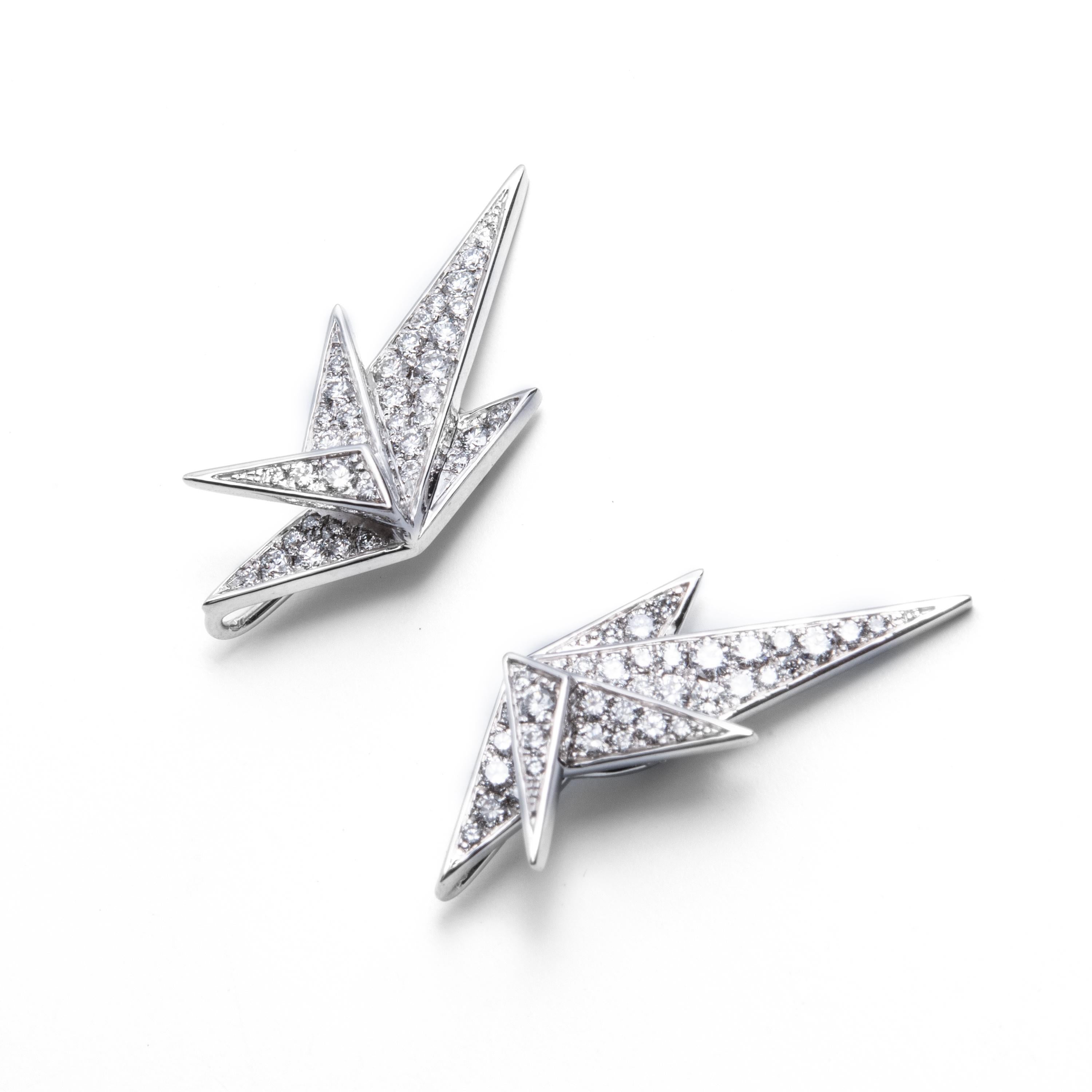 Contemporary Diamond Crane Earrings, 18 Karat White Gold