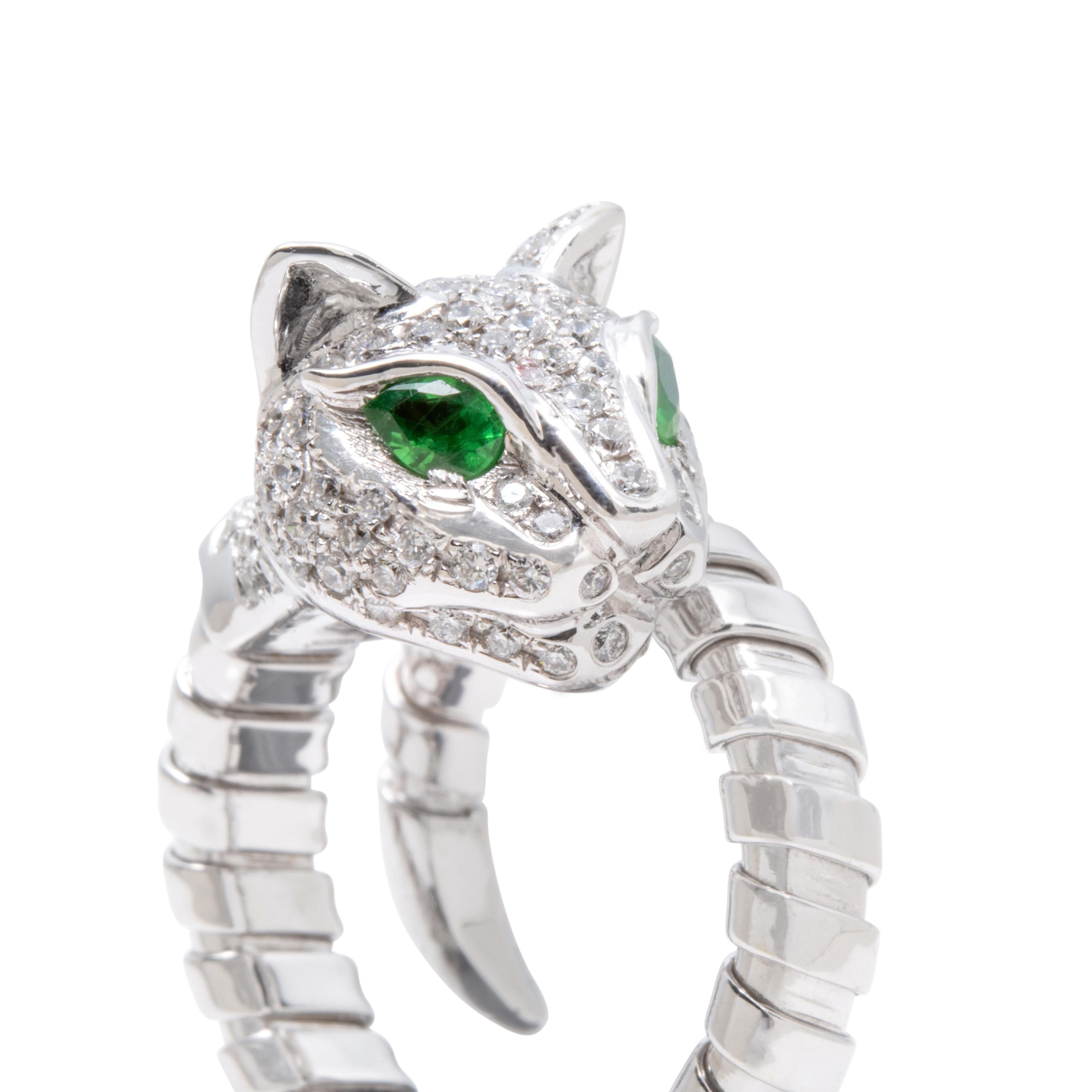 Contemporary An Order of Bling Tsavorite and Diamond Cat Ring, 18 Karat White Gold