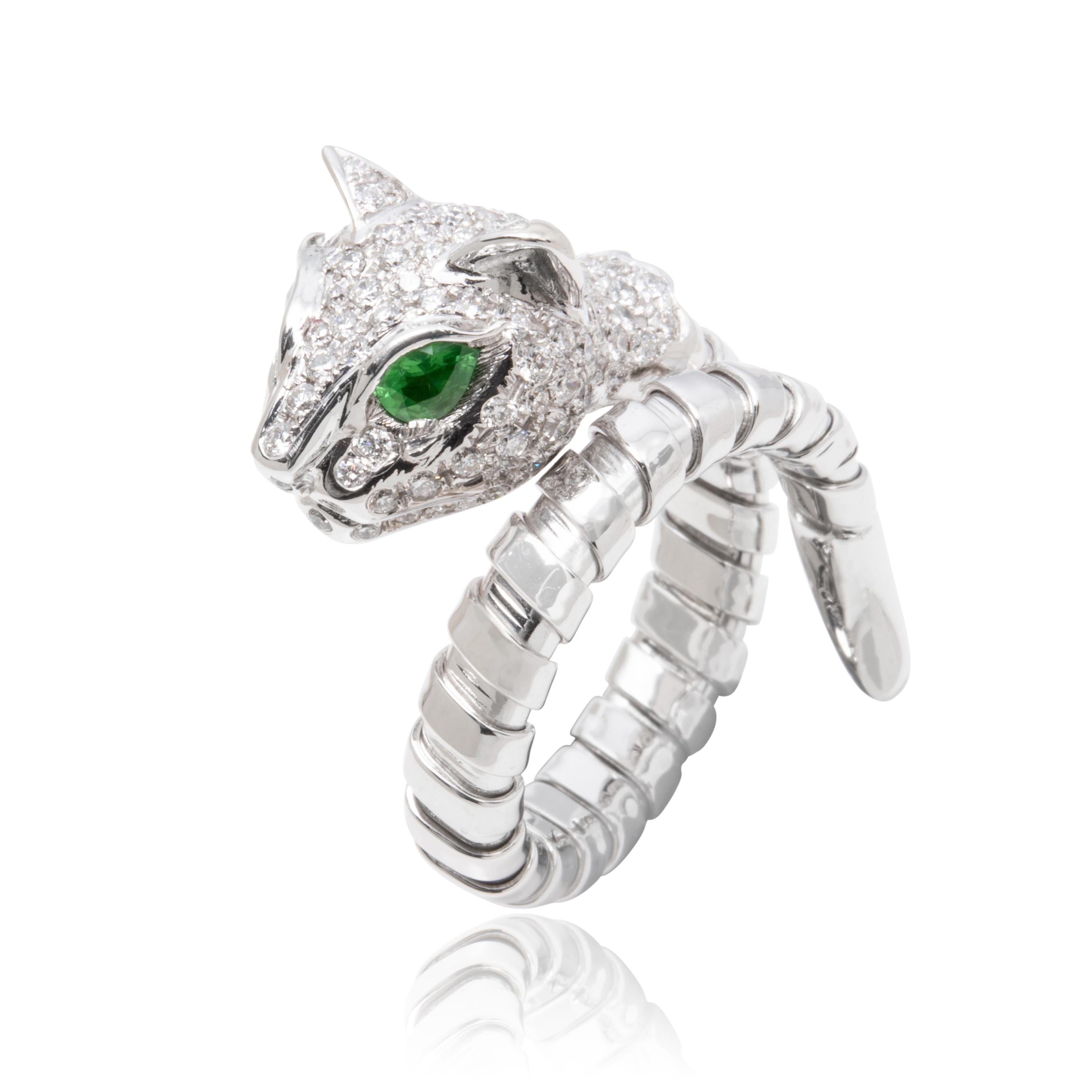Marquise Cut An Order of Bling Tsavorite and Diamond Cat Ring, 18 Karat White Gold