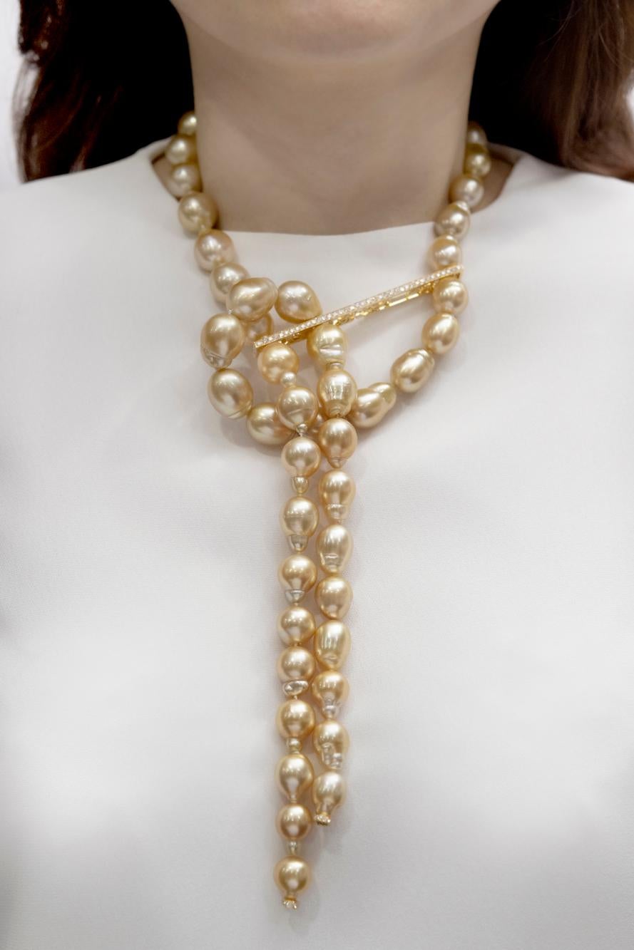 Modern An Order of Bling Golden South Sea Baroque Pearls and Diamond Necktie For Sale