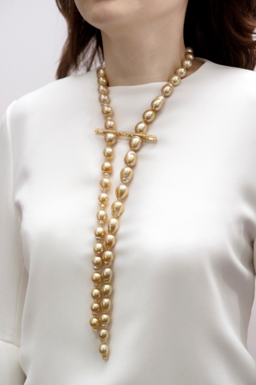 Round Cut An Order of Bling Golden South Sea Baroque Pearls and Diamond Necktie For Sale