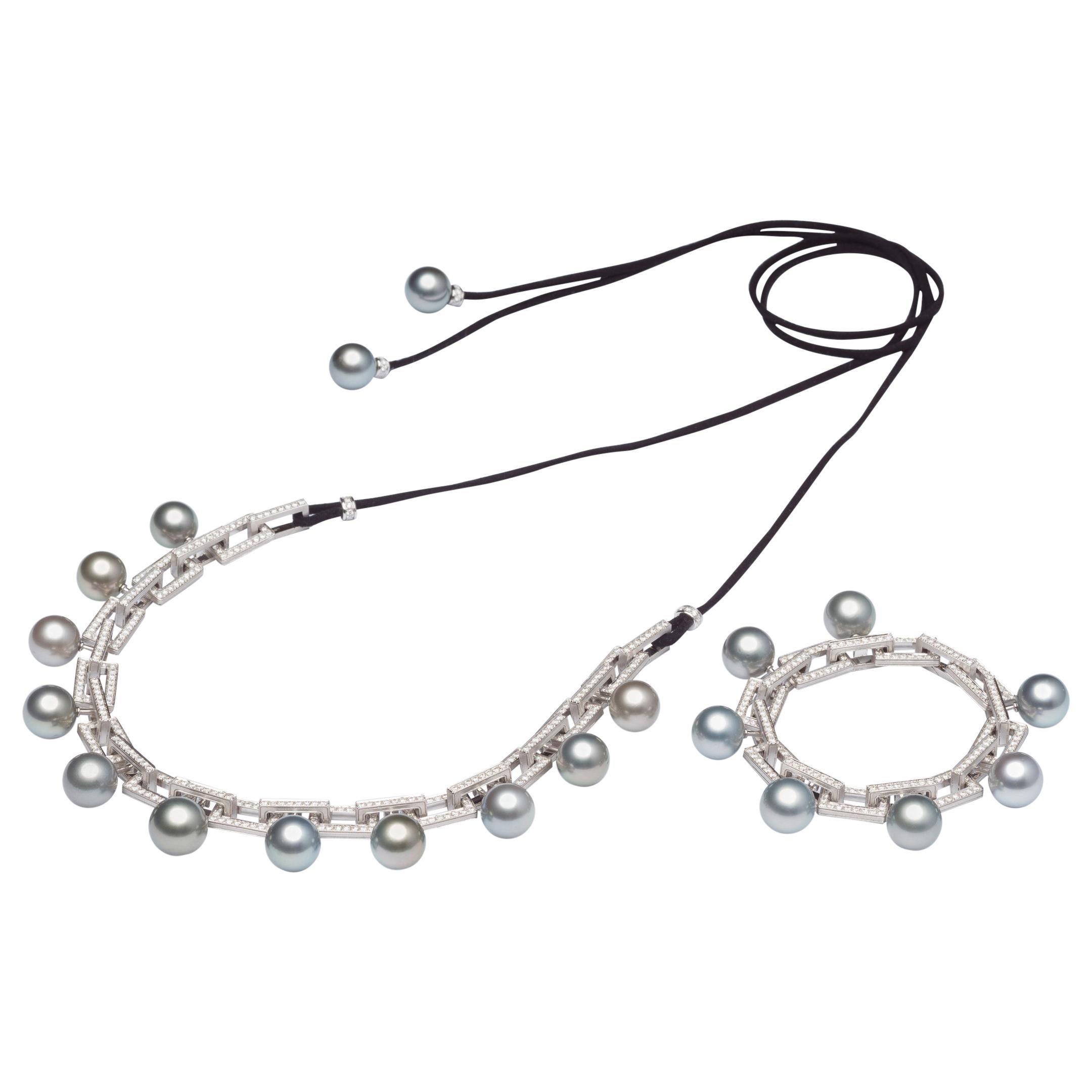 An Order of Bling Tahitian and Diamond South Sea Pearl Choker with Bracelet For Sale