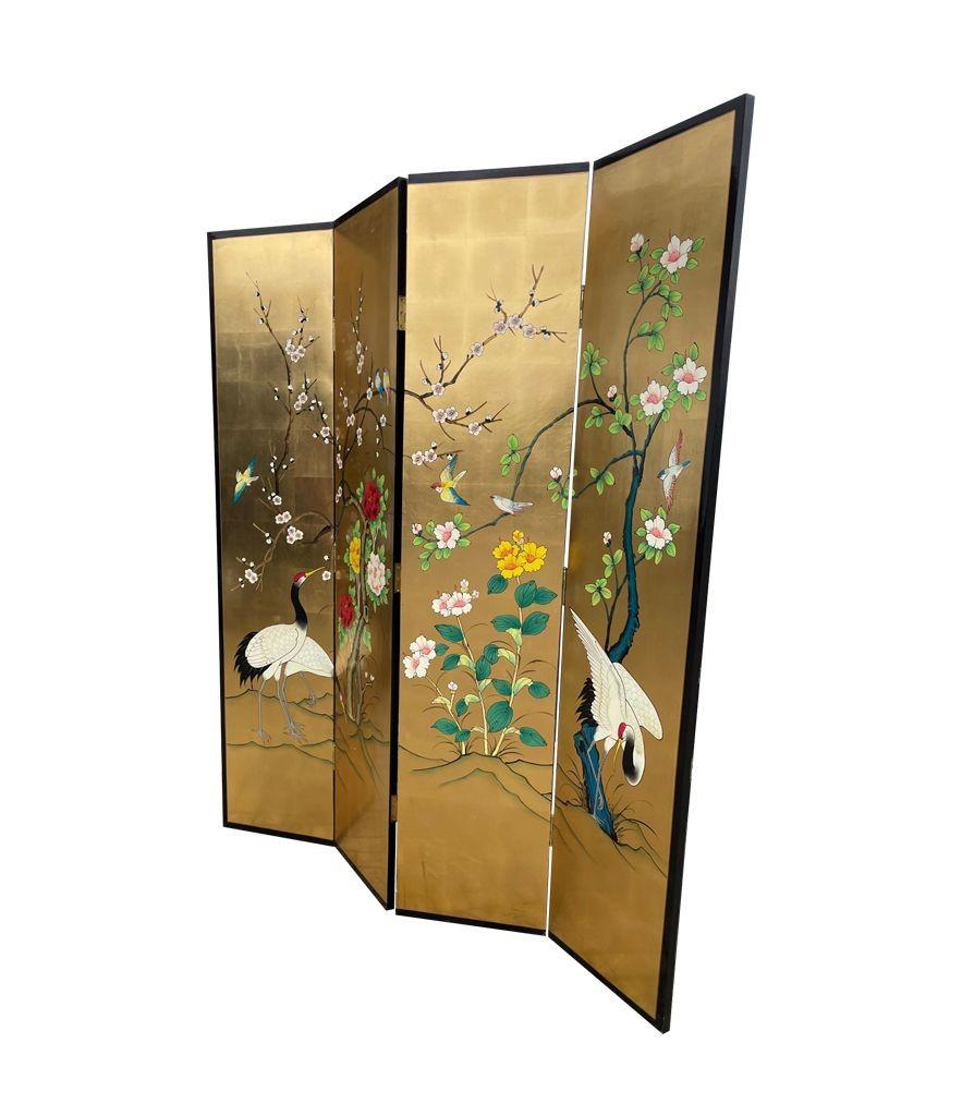 Oriental Gold Leaf and Hand Painted Four Panel Screen Decorated with Cranes 4