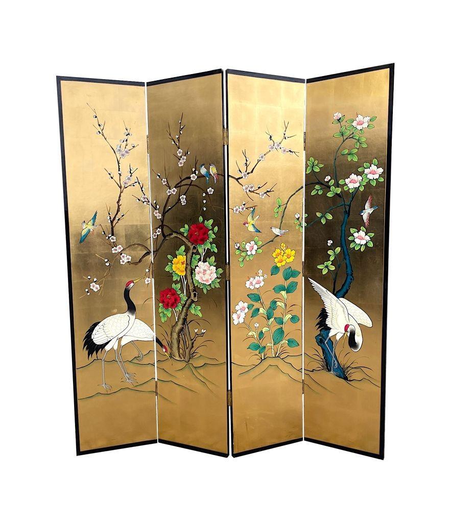 Oriental Gold Leaf and Hand Painted Four Panel Screen Decorated with Cranes 5