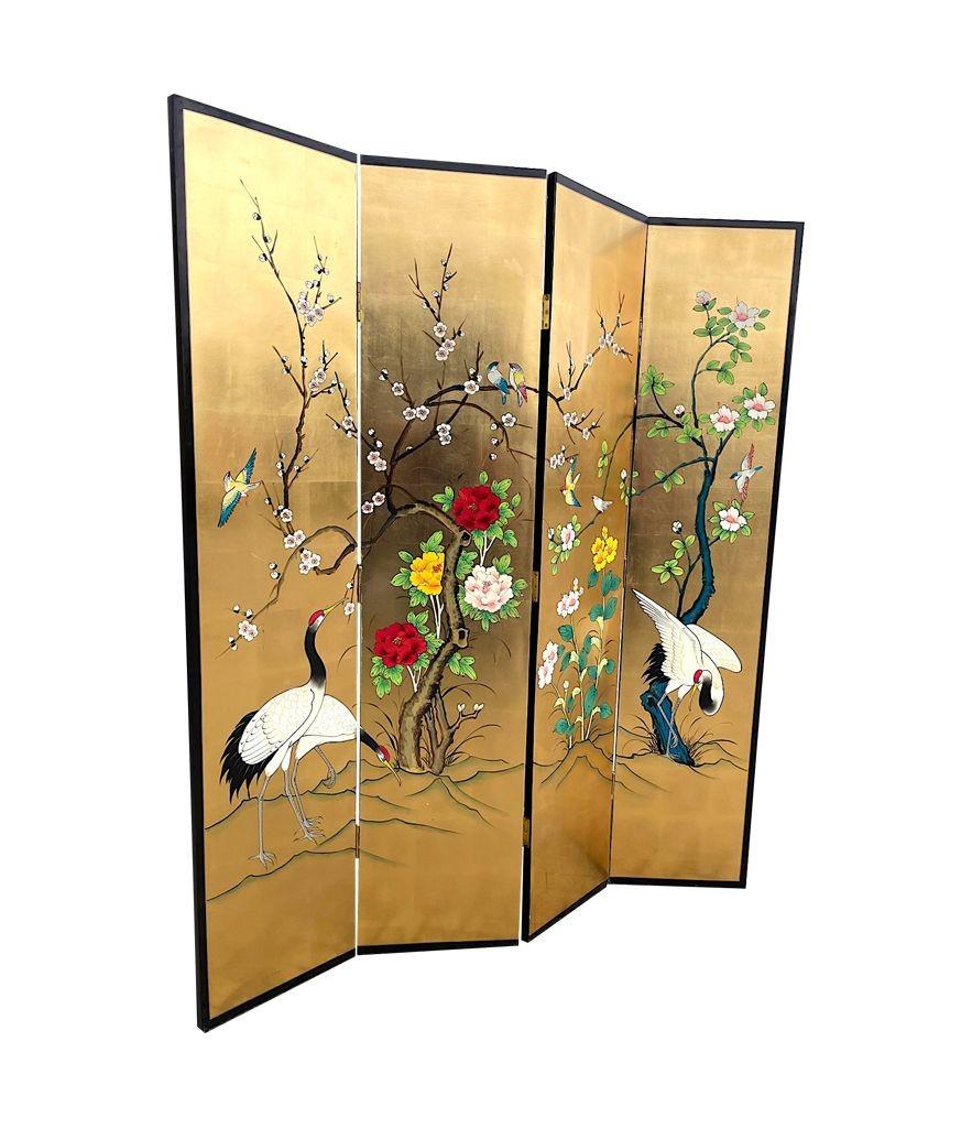 Oriental Gold Leaf and Hand Painted Four Panel Screen Decorated with Cranes 6