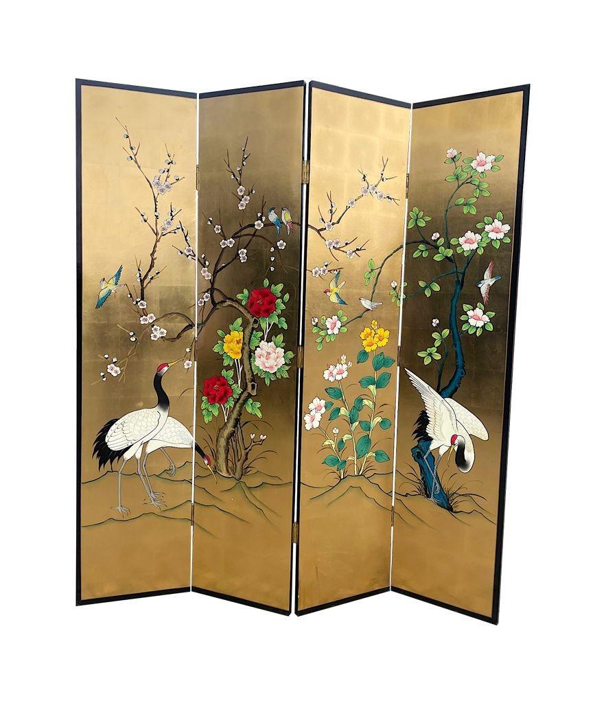 Oriental Gold Leaf and Hand Painted Four Panel Screen Decorated with Cranes 7