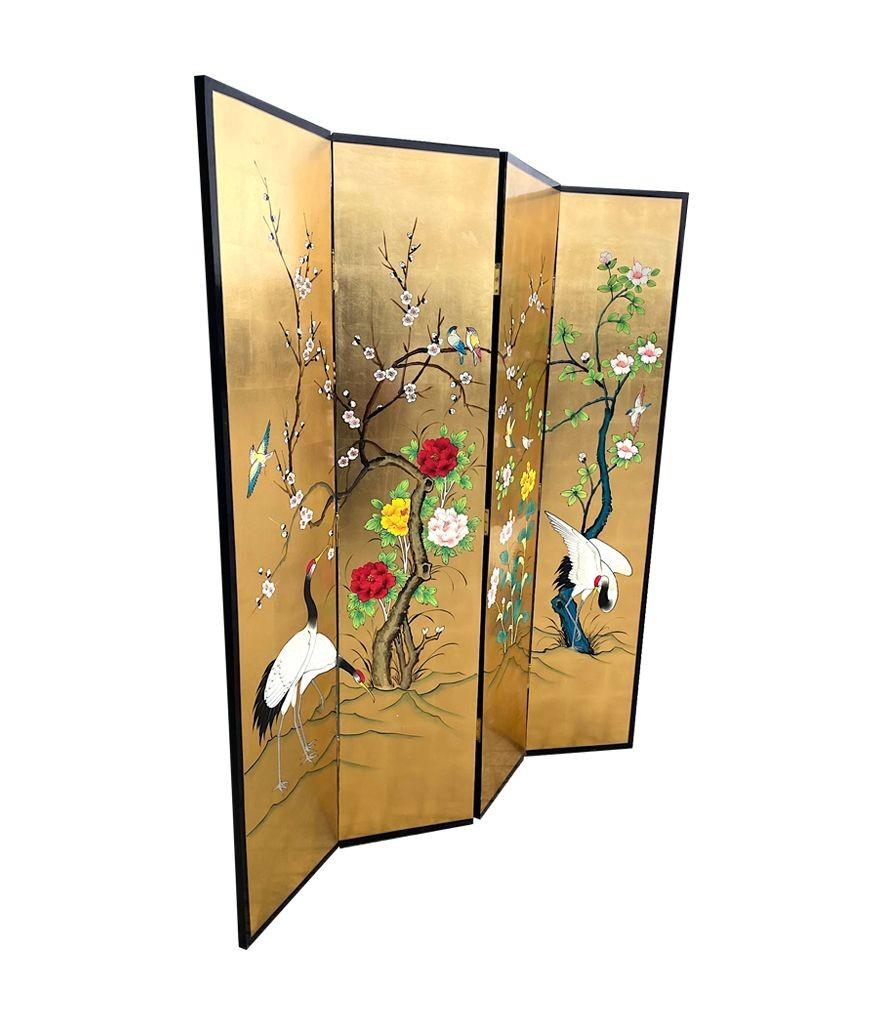 Oriental Gold Leaf and Hand Painted Four Panel Screen Decorated with Cranes 8