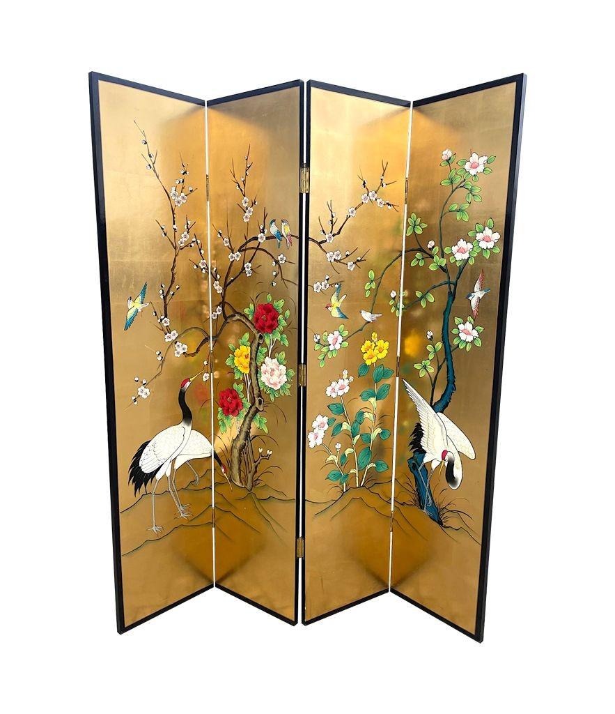 Chinese Oriental Gold Leaf and Hand Painted Four Panel Screen Decorated with Cranes
