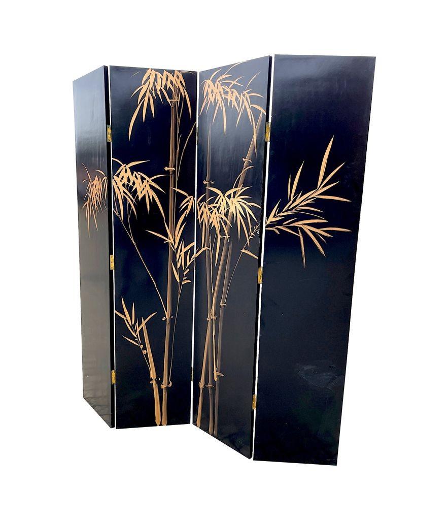 Oriental Gold Leaf and Hand Painted Four Panel Screen Decorated with Cranes In Good Condition In London, GB