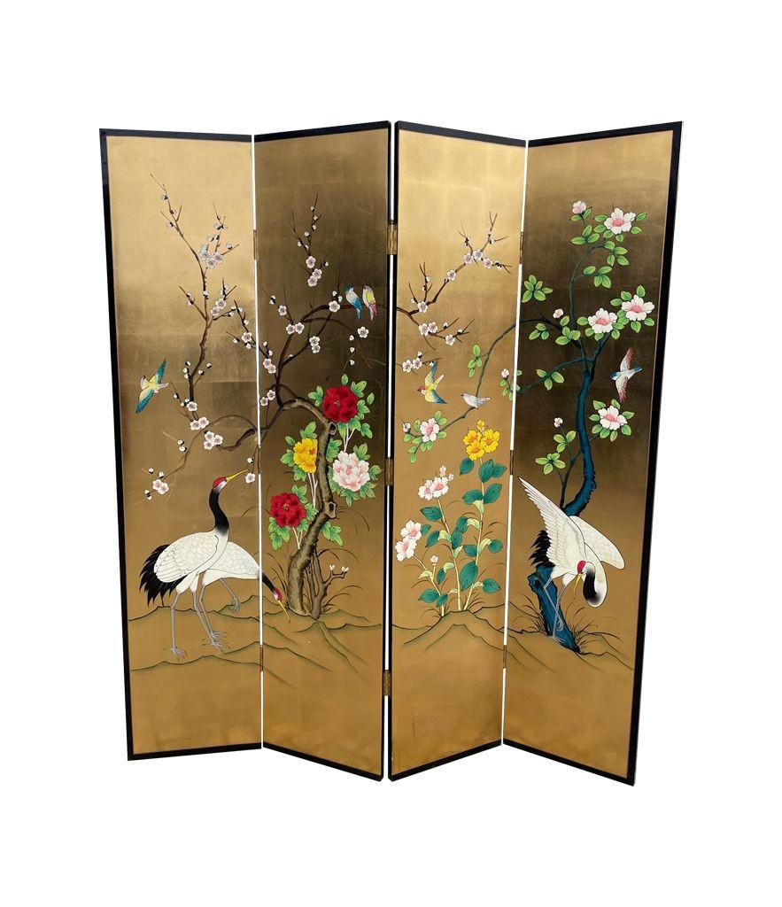 Late 20th Century Oriental Gold Leaf and Hand Painted Four Panel Screen Decorated with Cranes