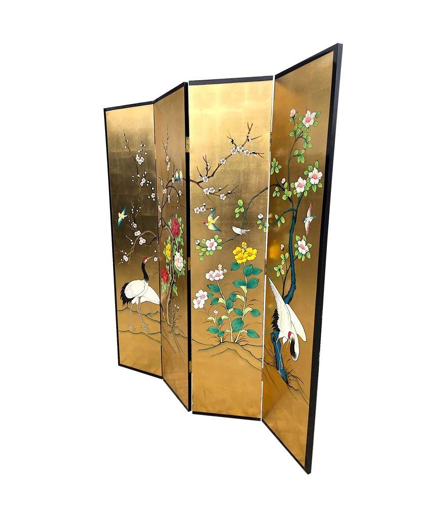 Oriental Gold Leaf and Hand Painted Four Panel Screen Decorated with Cranes 2