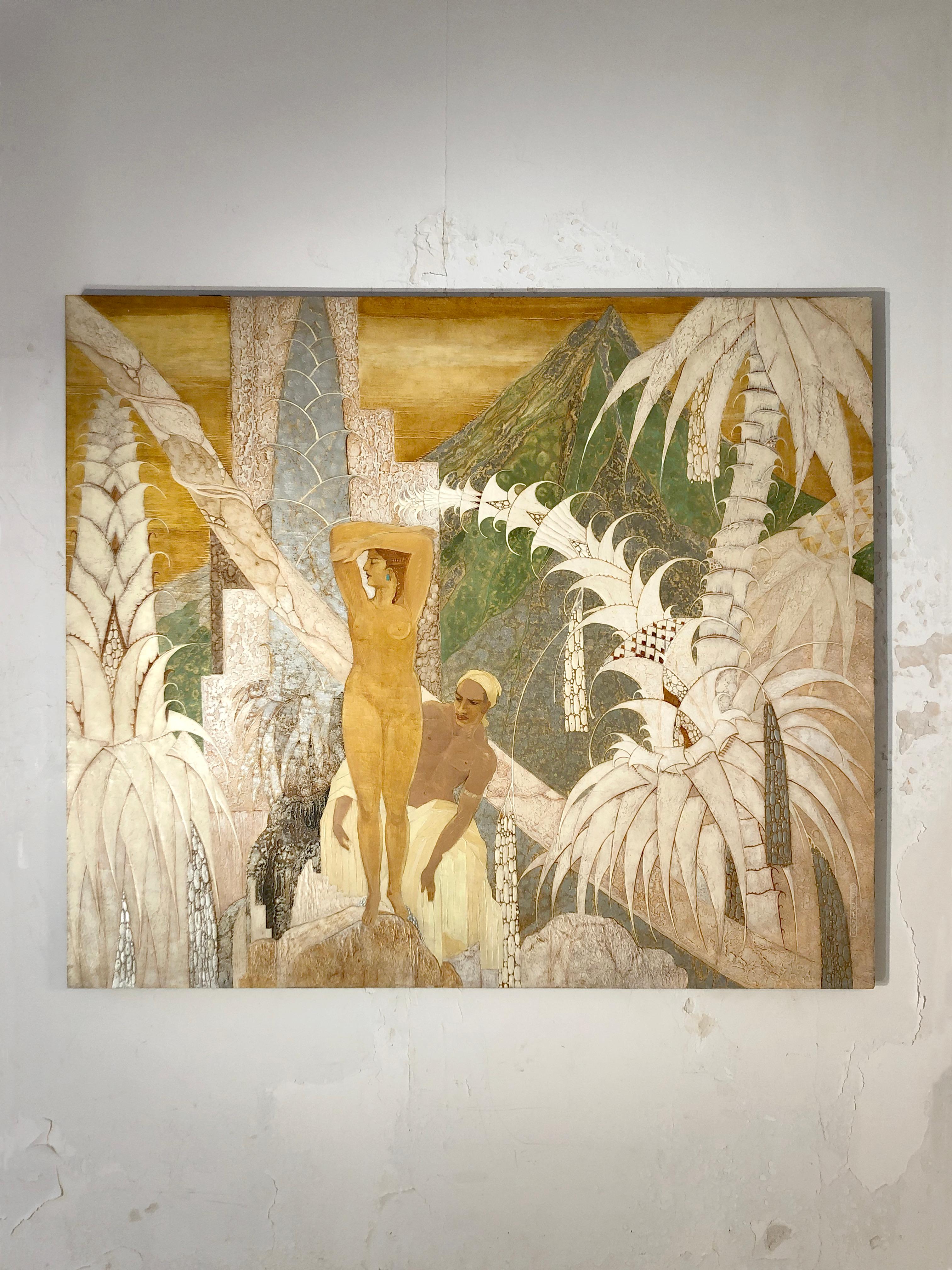 An ORIENTALIST ART-DECO Oil on Panel PAINTING by GASTON PRIOU, France 1930 In Good Condition In PARIS, FR