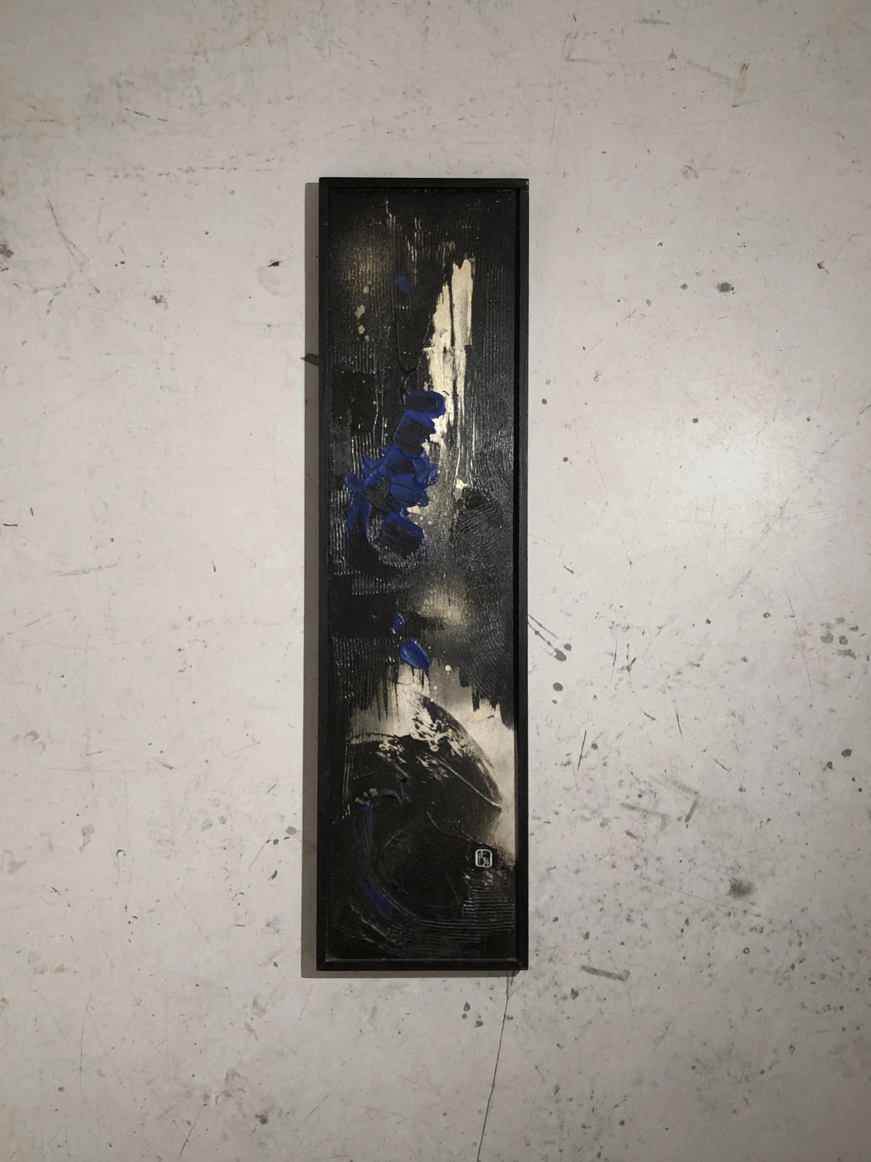 A dark and spirited gestural painting of oriental inspiration, Post-Modernist, Psychedelic, Abstract, lyrical composition of black, blue and gray materials in relief on a vertical format panel, entitled 