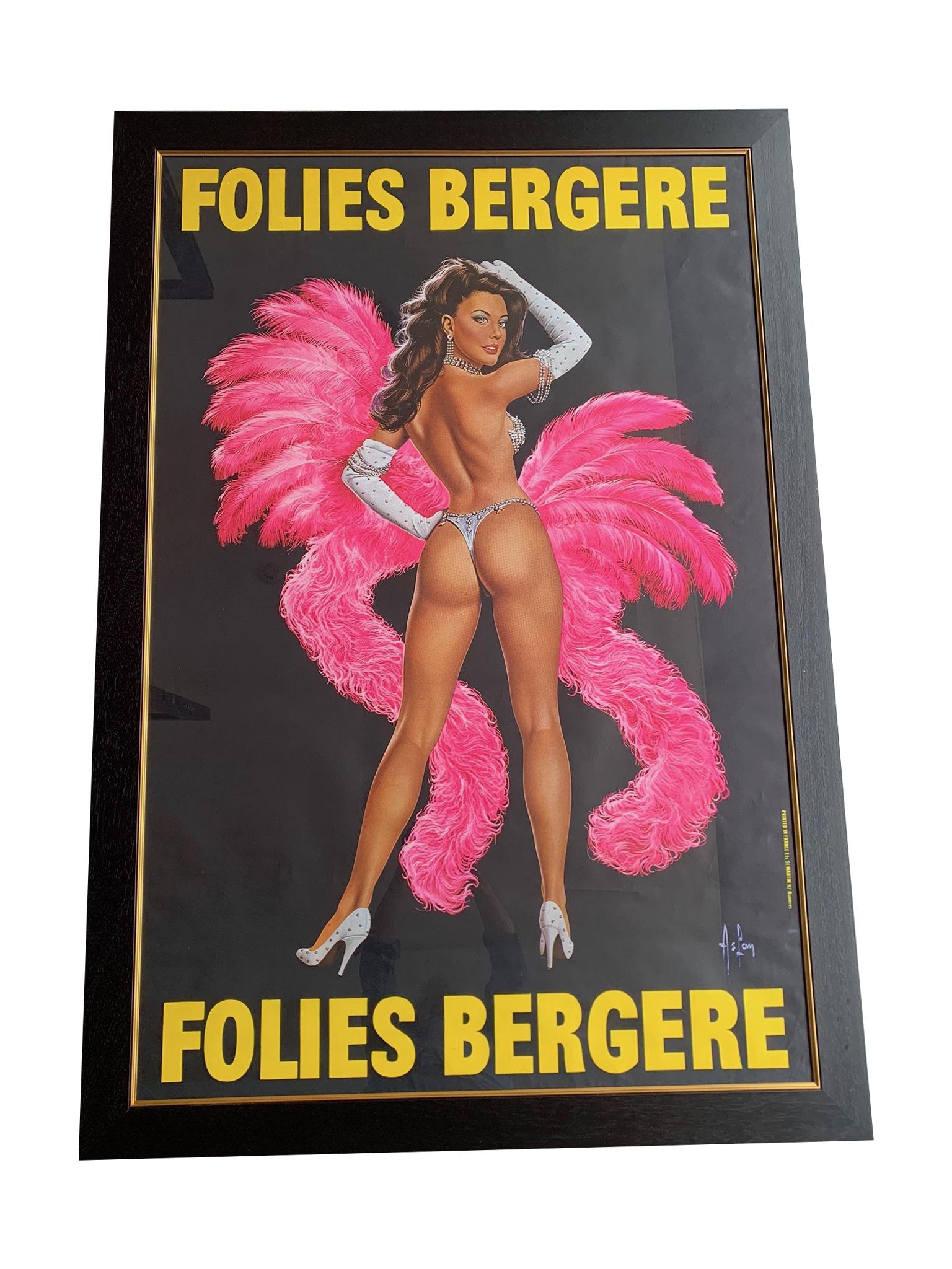 A fabulous original 1950s large Folies Bergere poster by artist Alain Gourdon Aka AsLan. It depicts a semi clad showgirl with fuchsia pink boa and feathers. Signed in the print 