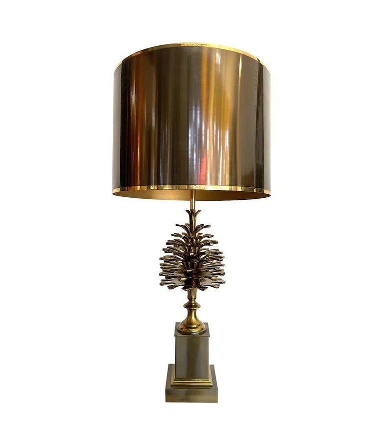 An orignal 1960s Maison Charles bronze and brass pinecone lamp designed by Jean Charles, from the Naturalist collection. With original bronze and brass shade, pinecone finial and solid brass base stamped on the reverse 