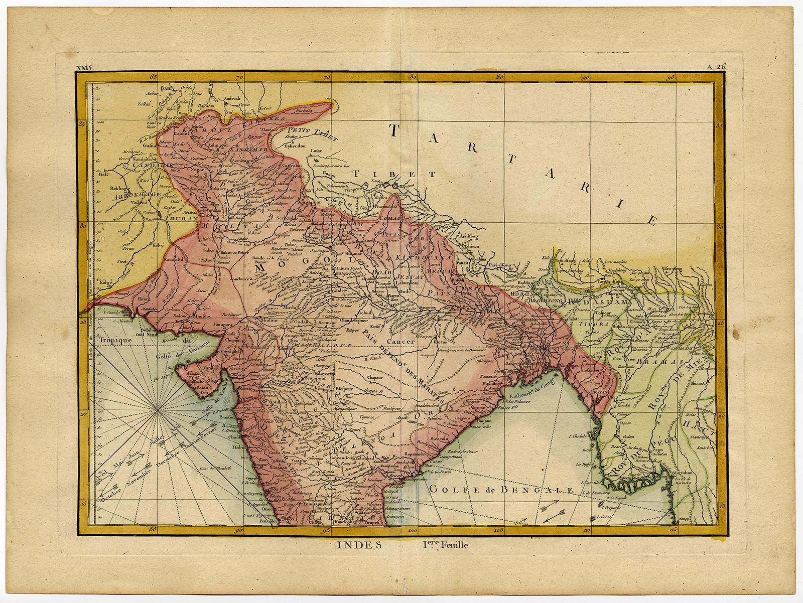 Antike Karte mit dem Titel 'Indes'. Eine Karte von Nordindien mit den umliegenden Regionen. Aus Lattres 