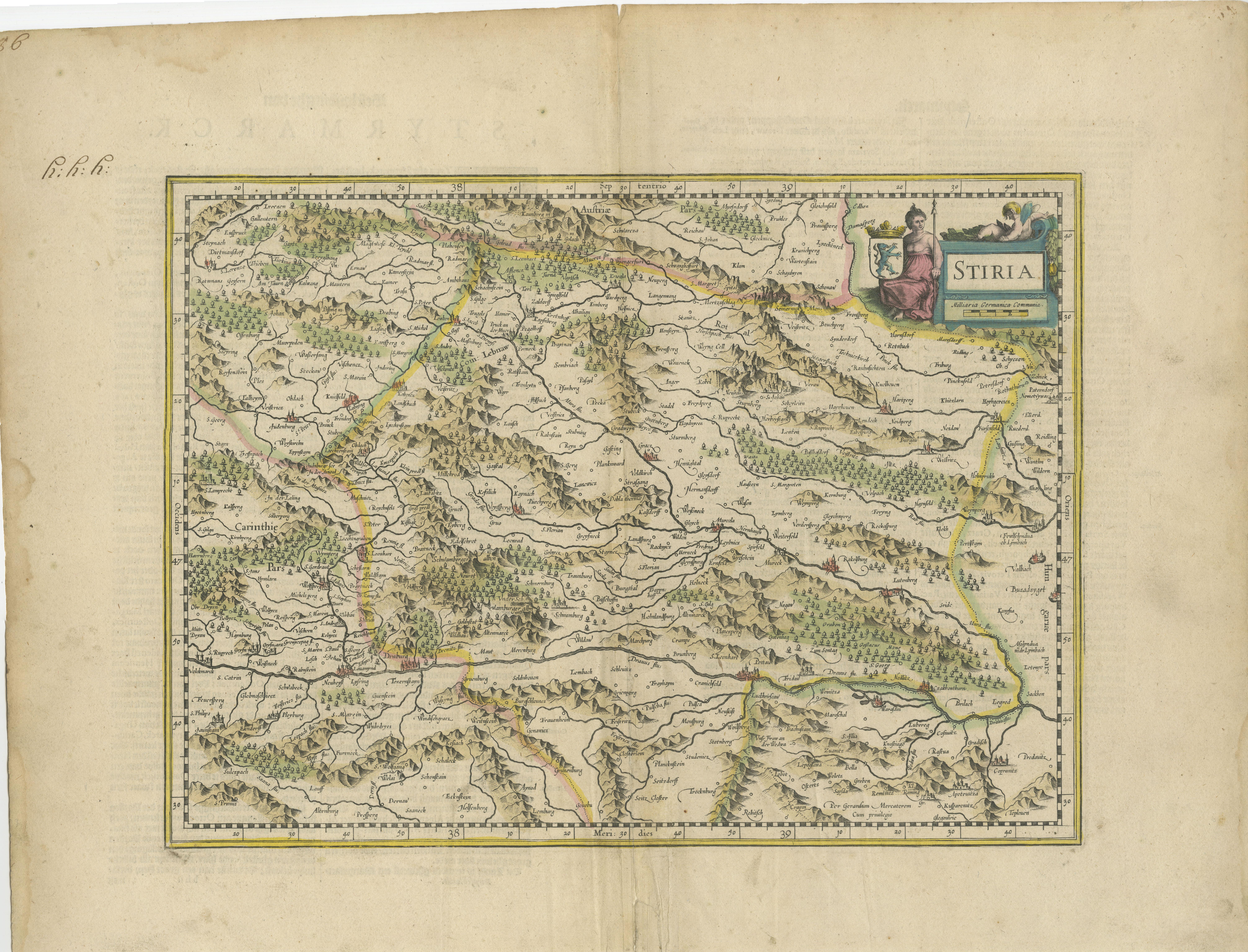 This is an antique map of Styria (referred to as “Stiria” or “Steyrmarck”), published by the renowned Dutch cartographer Willem Janszoon Blaeu (often simply “Blaeu”). The first edition of this map was produced in 1634. It is a copperplate engraving