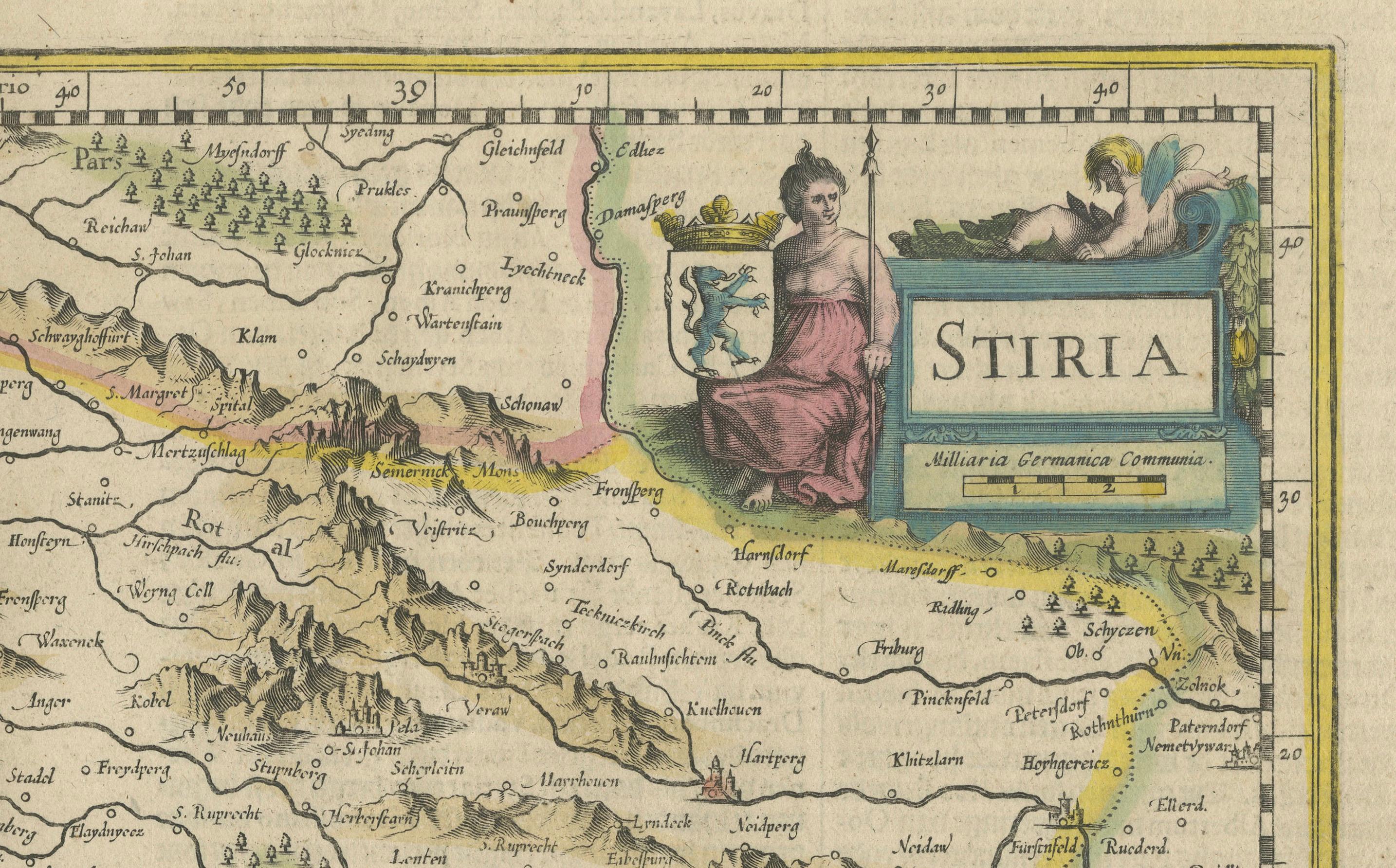 An Original Antique Mid-17th Century Blaeu Map of Styria in Southeastern Austria In Good Condition For Sale In Langweer, NL