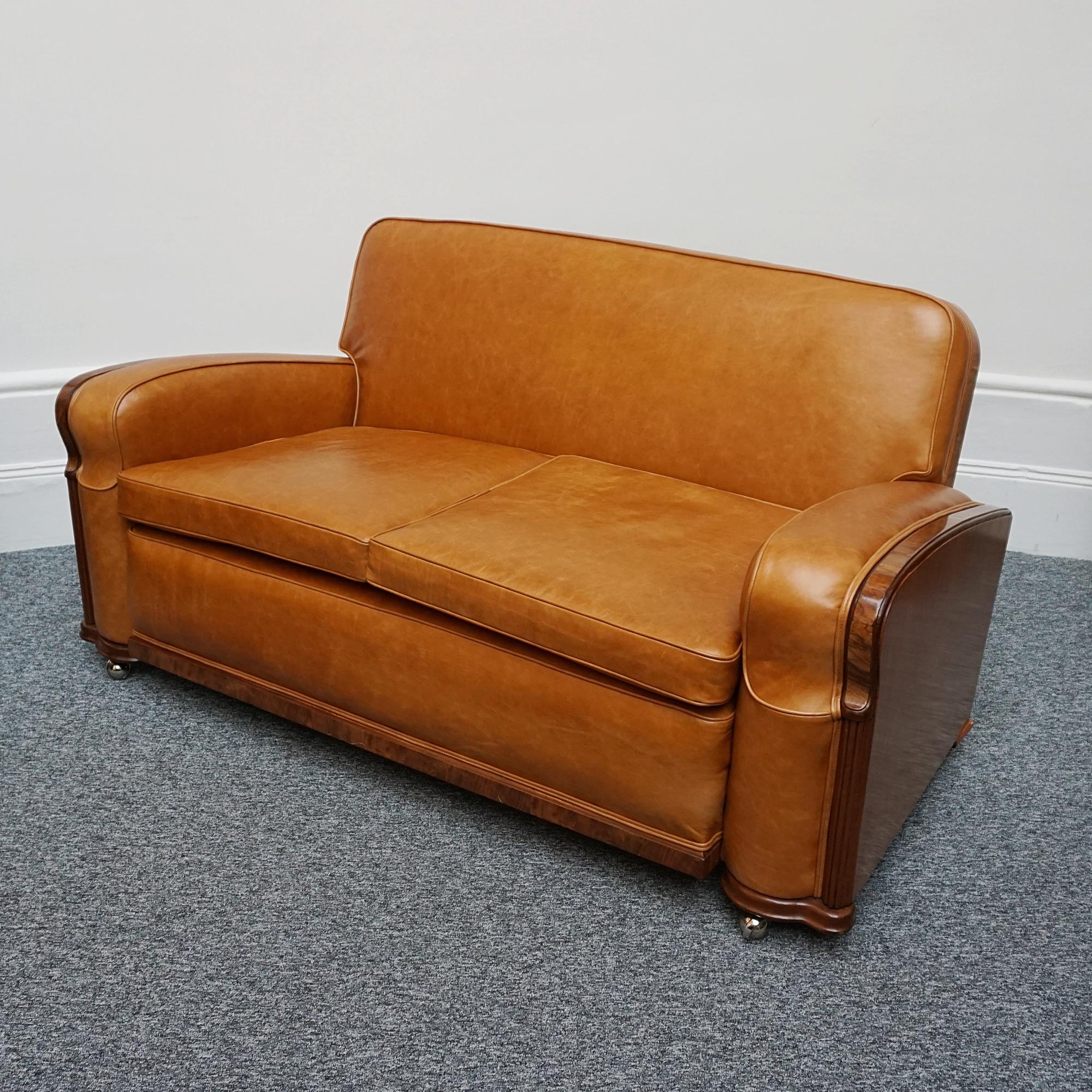 English An Original Art Deco Club Sofa with Brown Leather Re-Upholstery  For Sale