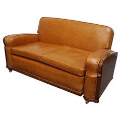 Original Art Deco Club Sofa mit brauner Lederpolsterung 