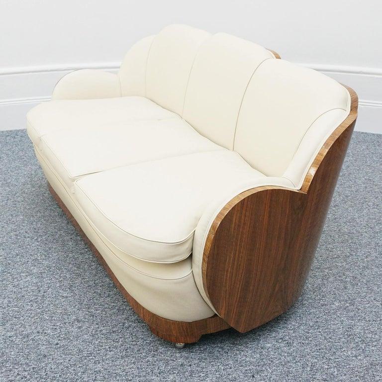English Original Art Deco Three Seat Walnut and Cream Leather Sofa