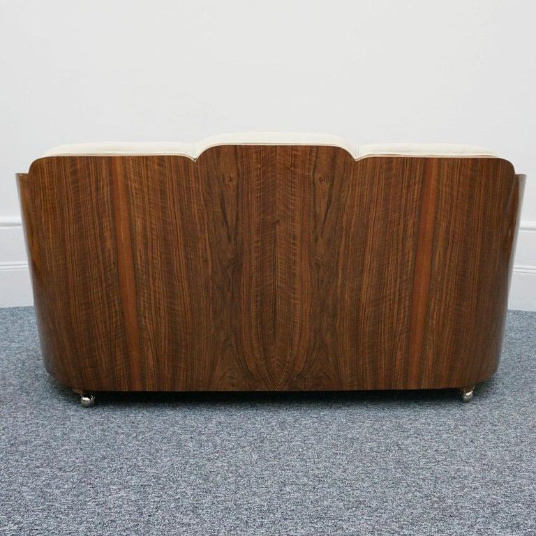 Original Art Deco Three Seat Walnut and Cream Leather Sofa 3