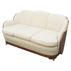 Original Art Deco Three Seat Walnut and Cream Leather Sofa