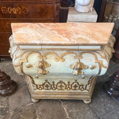 An Original Baroque Lacquered and Gilt Wood and Marble Venetian Chest of Drawers