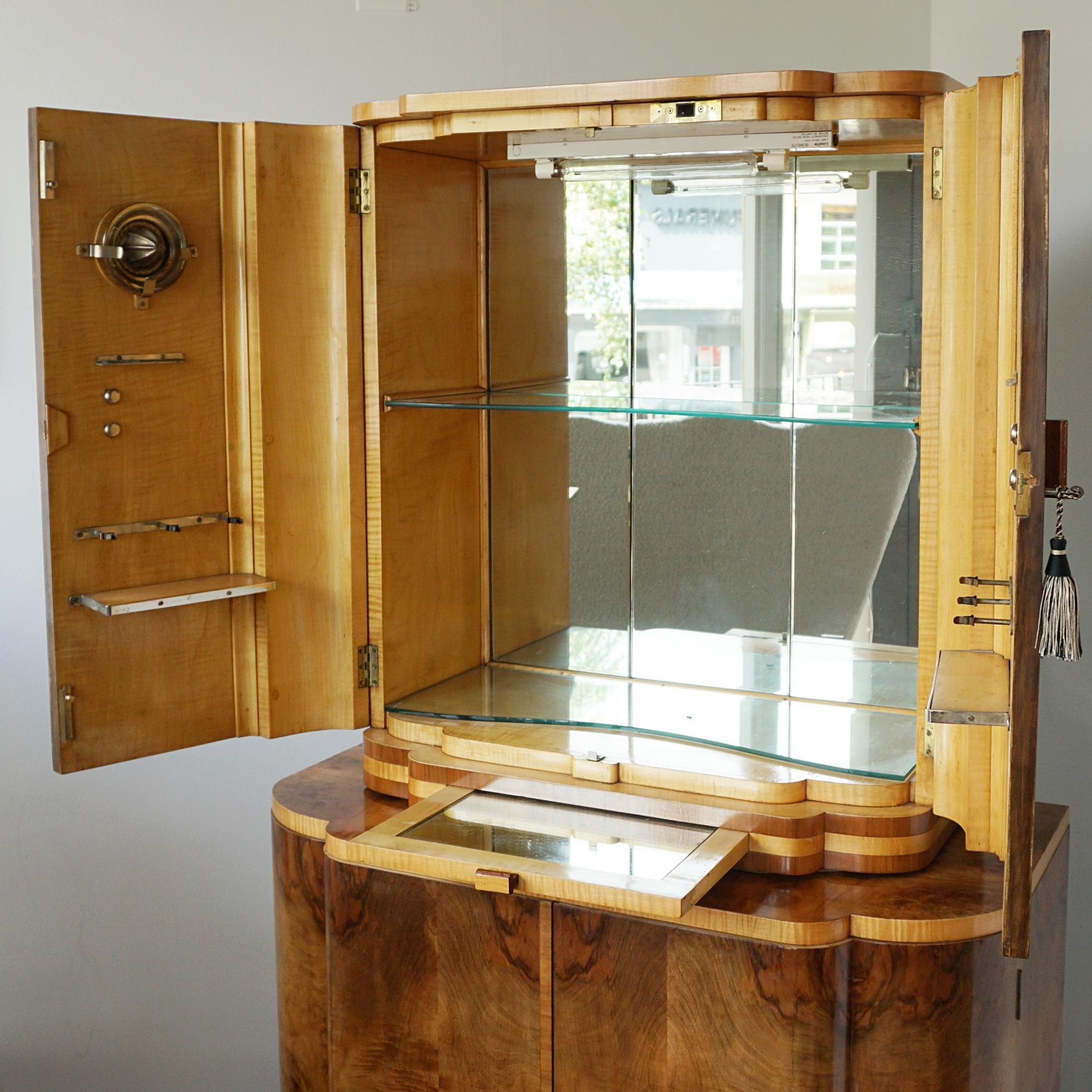 English An Original Burr Walnut and Satin Birch Art Deco Cocktail Cabinet