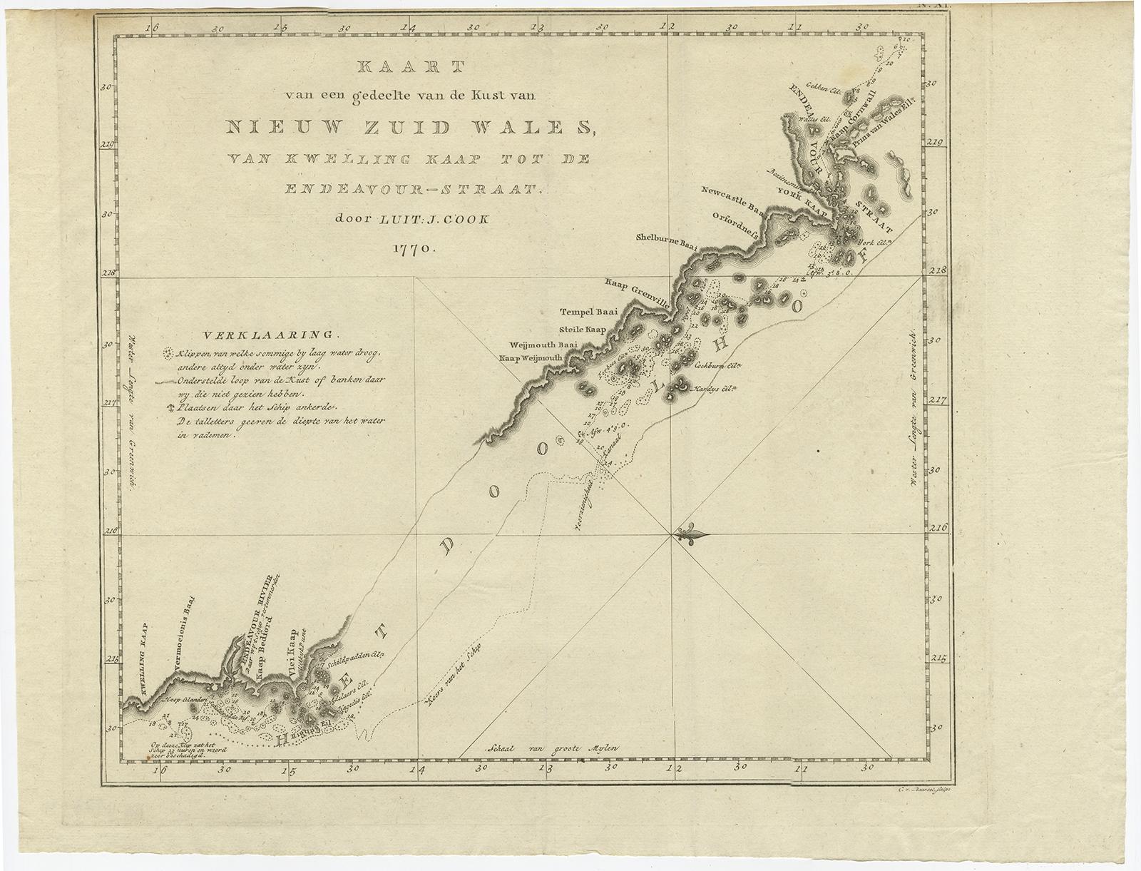 Antique map Australia titled 'Kaart van een gedeelte van de Kust van Nieuw Zuid Wales van Kwelling Kaap tot de Endeavour-Straat door Luit. J. Cook'. 

A chart of the northeast coast of Australia from the northern extremity of Cape York peninsula