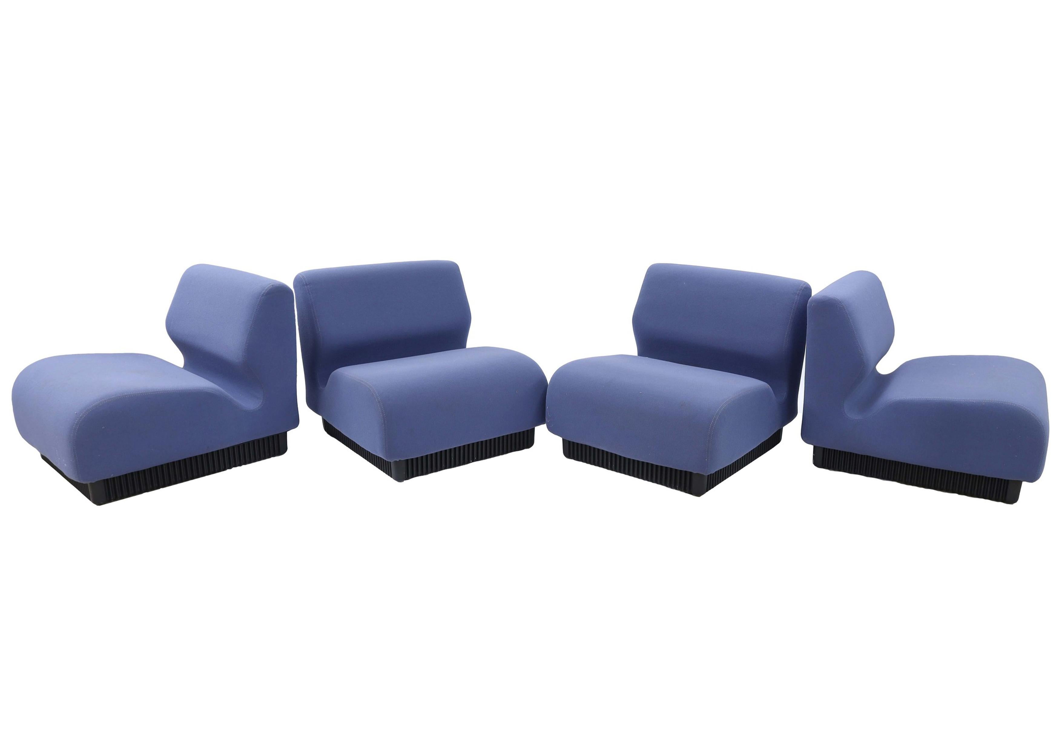 An Original Don Chadwick for Herman Miller Chadwick Modular Seating
Comprising of Four Separate Modular Seating Chairs In Original Blue Wool Upholstery Designed 1970's United States

Each section can be used separately solo as a single chair
Or