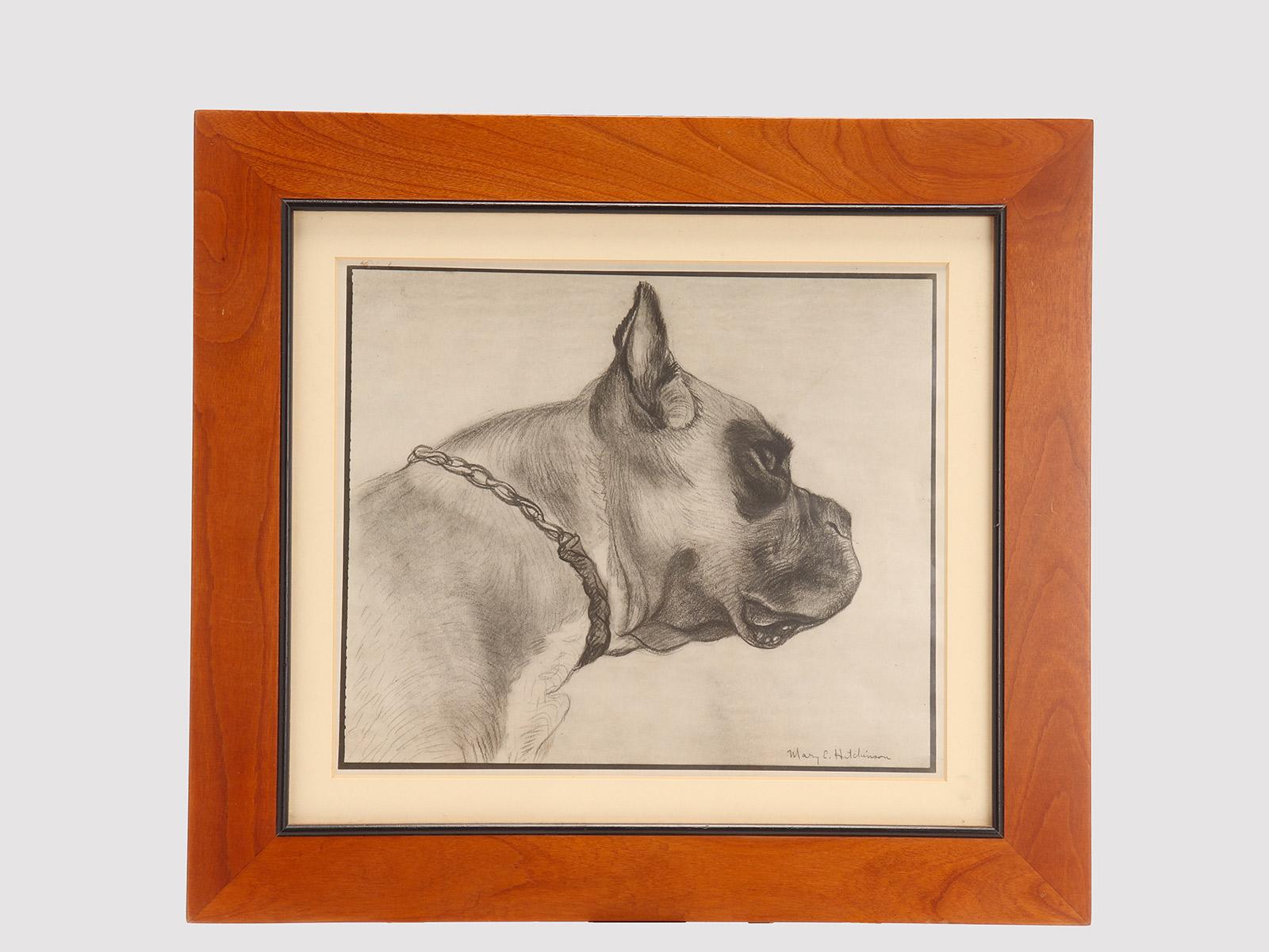 Gravure originale signée de Mary E. Hutchinson représentant une tête de chien boxer. Cerisier massif (Prunus Avium, Linnaeus 1755), cadre poli et ciré à la cire d'abeille. États-Unis vers 1930.