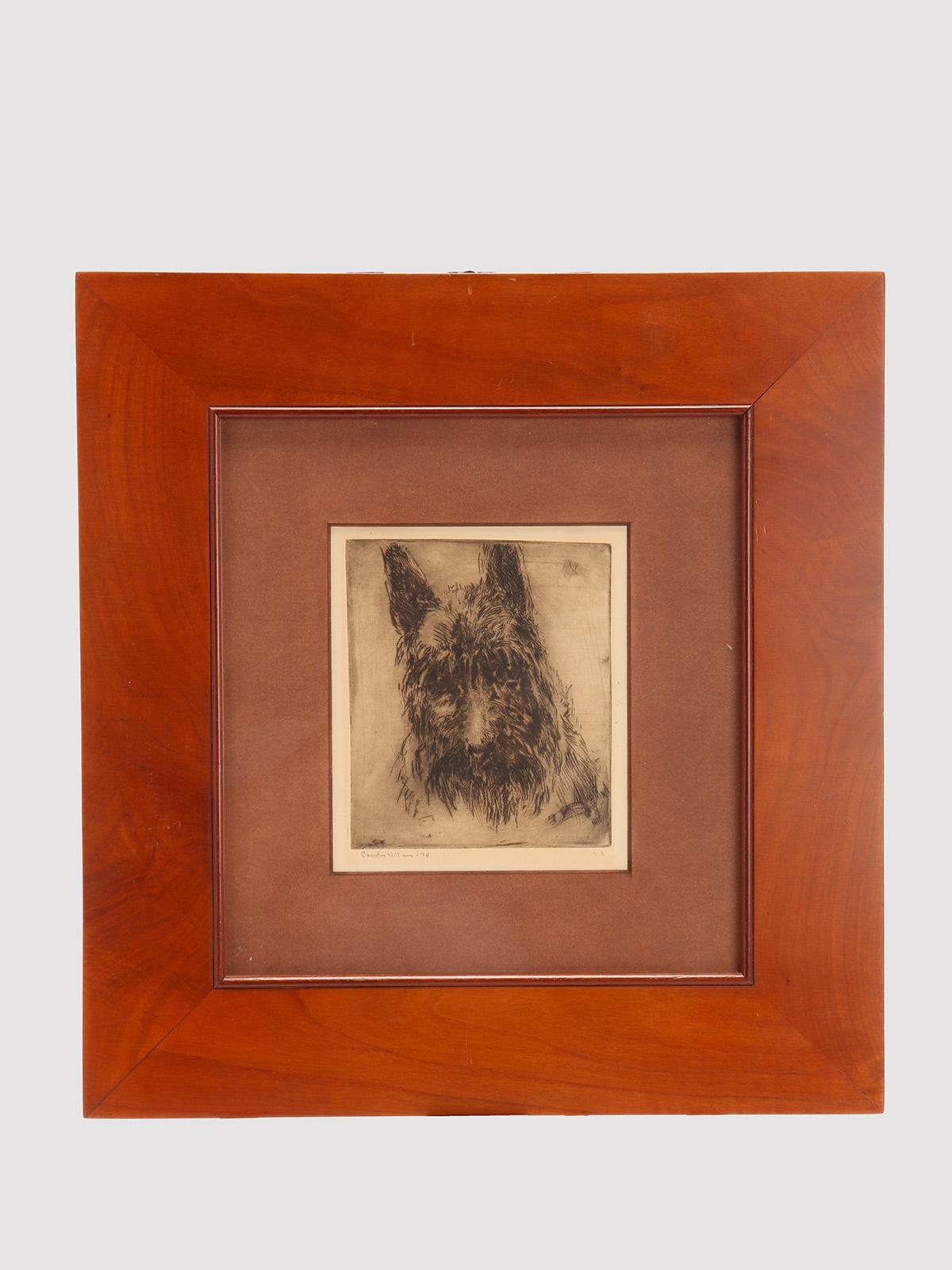 Eine von Caroline Williams signierte Original-Radierung eines West Island Black Terrier Hundes. Massives Kirschholz (Prunus Avium, Linnaeus 1755), Rahmen, poliert und mit Bienenwachs behandelt. Vereinigte Staaten 1934.