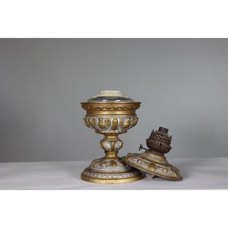 Cast An original French Rococo style cast alloy and over painted oil lamp For Sale