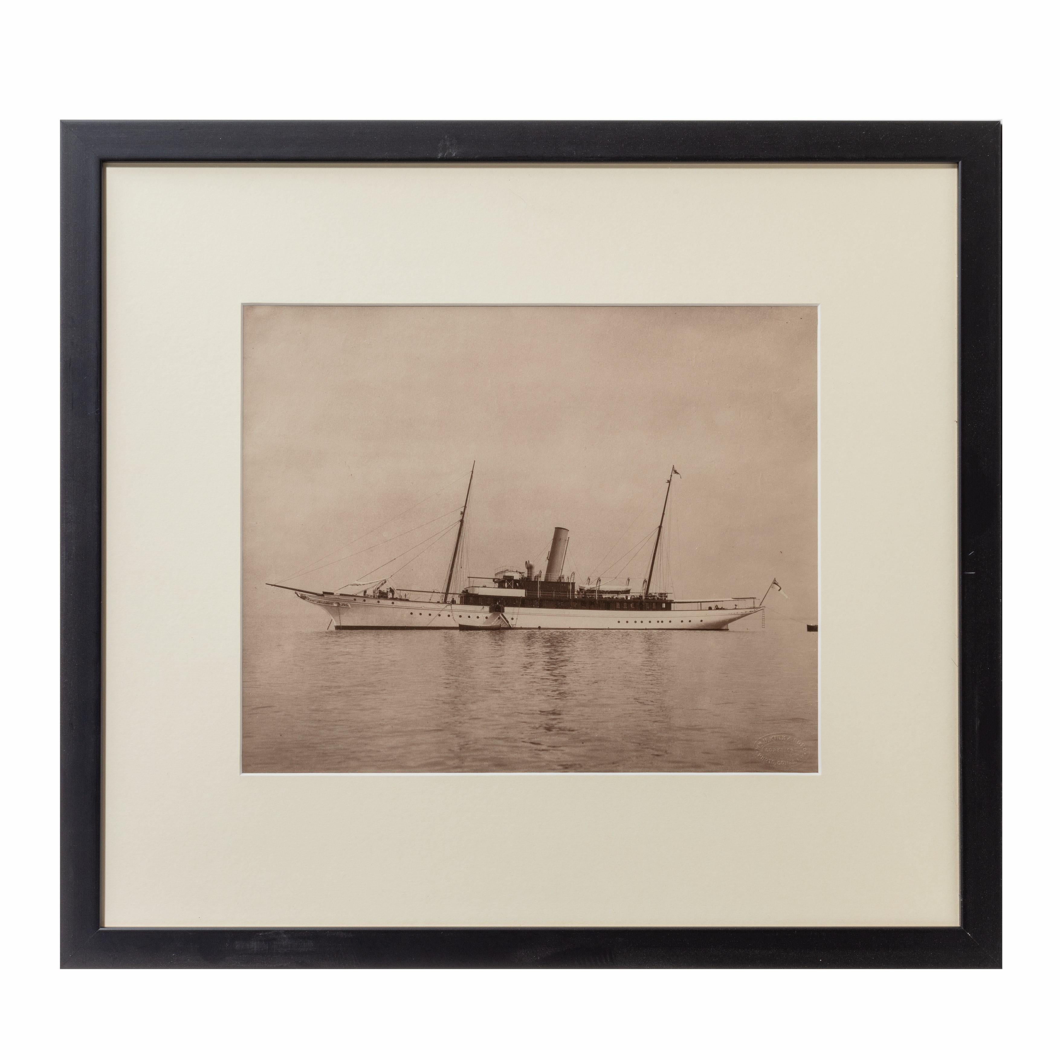 An original gelatin print of fine gentleman steam yacht laying at anchor in the Solent. She is flying the white ensign of the Royal Yacht Squadron.

Impress mark to the right hand side for Wm U Kirk.