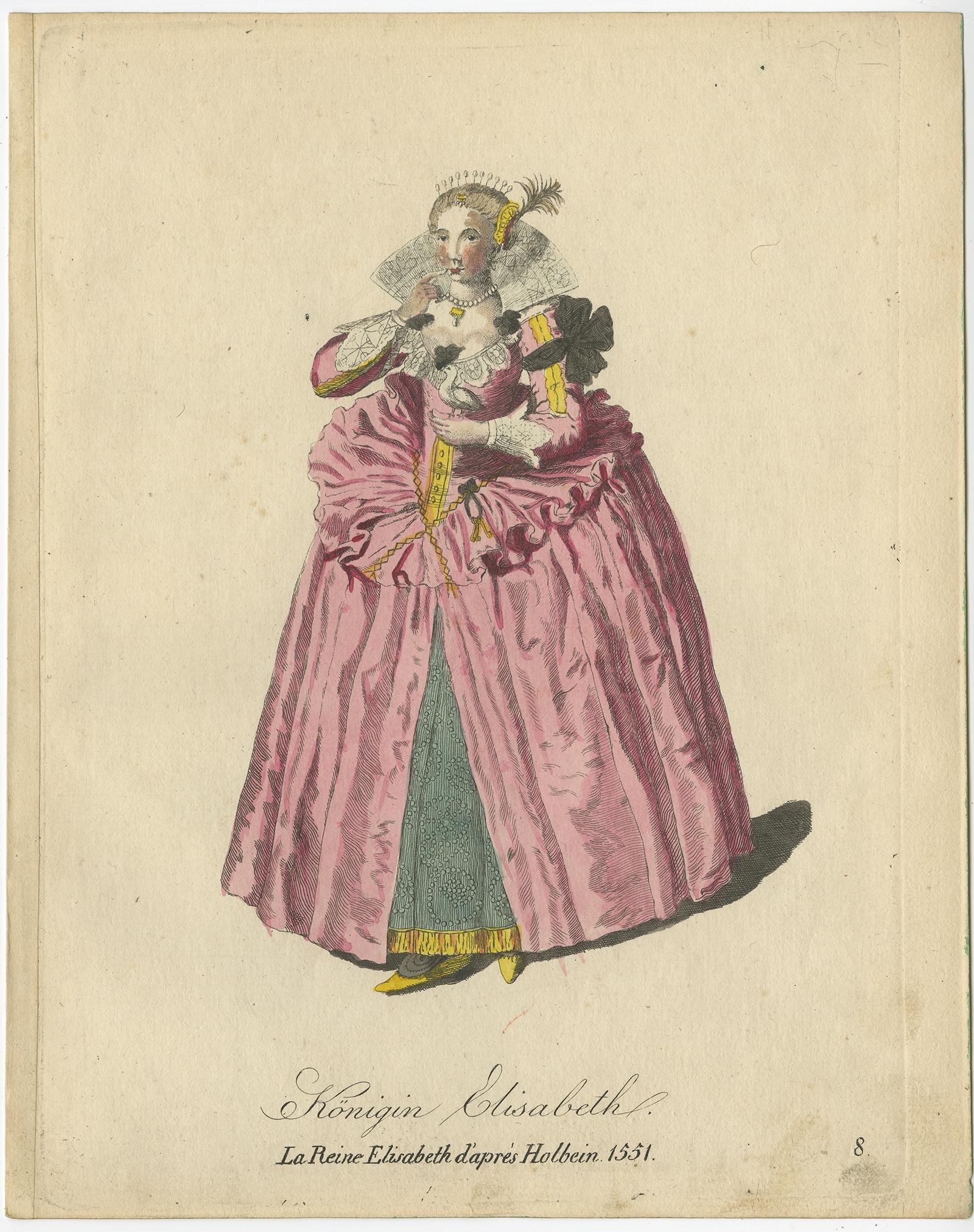 Antique costume print titled 'Königin Elisabeth - La Reine Elisabeth d'après Holbein. 1551'. 

This print depicts Queen Elizabeth. Originates from a rare costume book titled 'Sammlung von Trachten bey verschiedenen ältern und neuern Völkern (..)'.