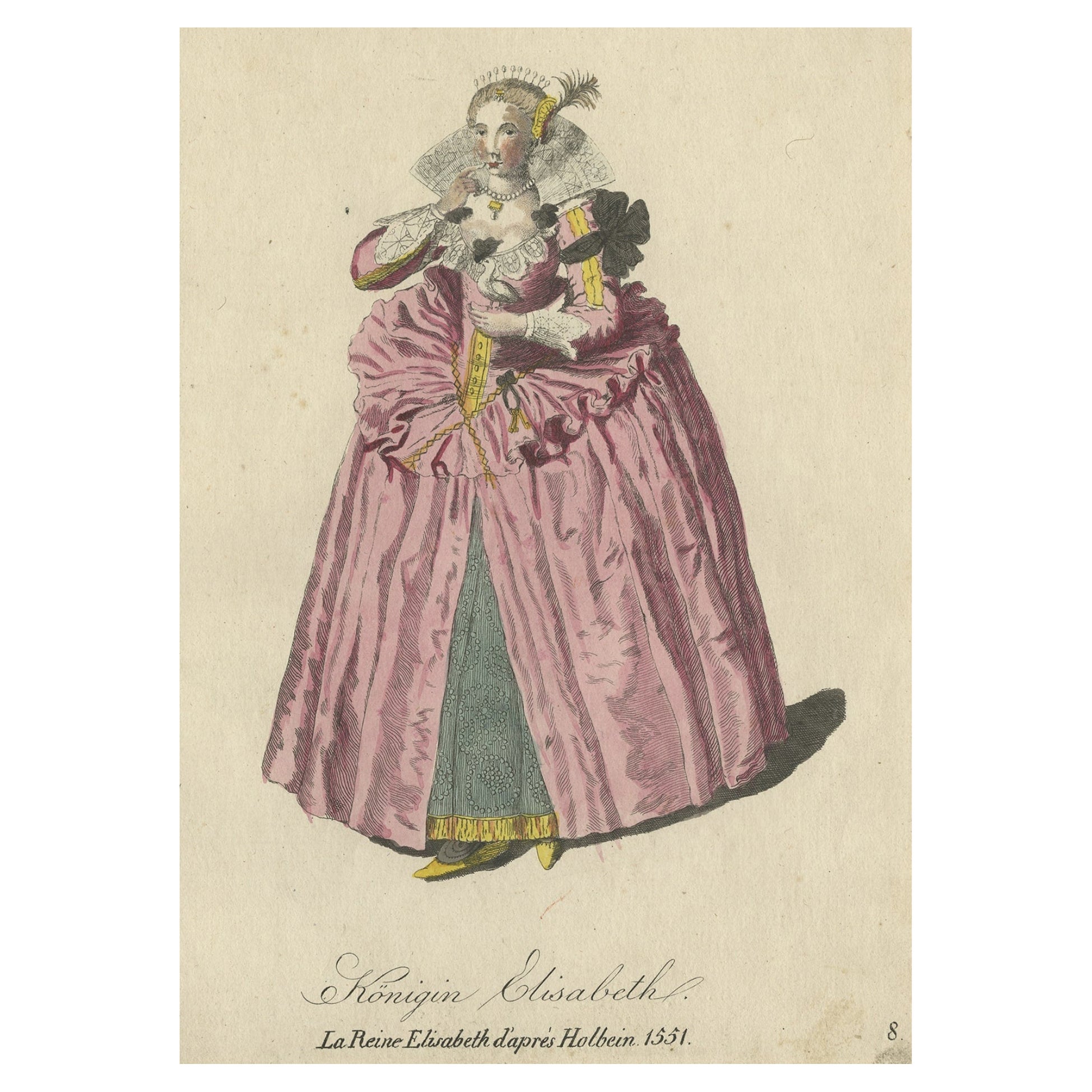Originaler handkolorierter antiker Druck von Königin Elizabeth in einem Kleid aus dem Jahr 1651, 1805