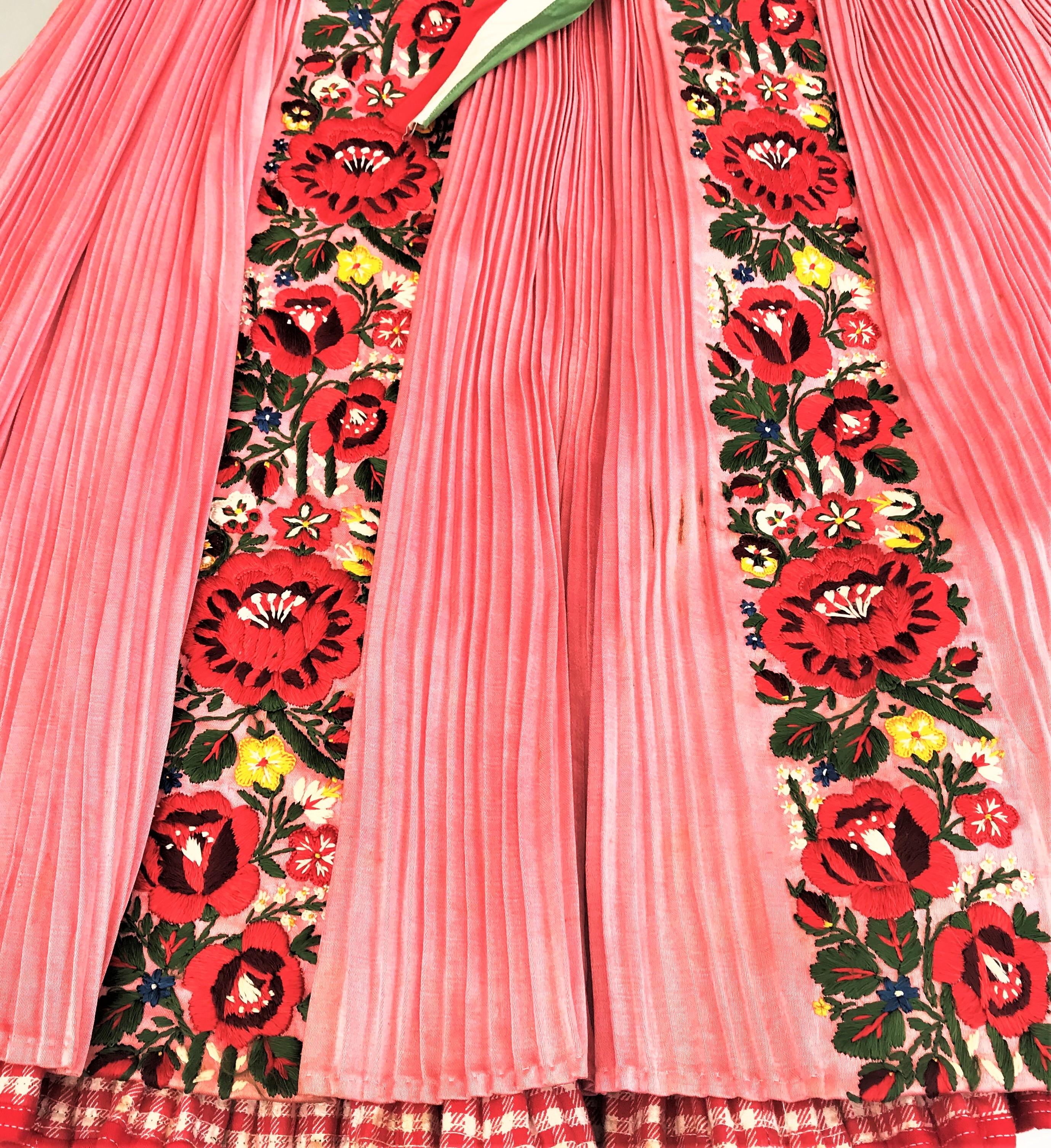 Pink An original Hungarian traditional skirt and apron embroidered by hand, 1940