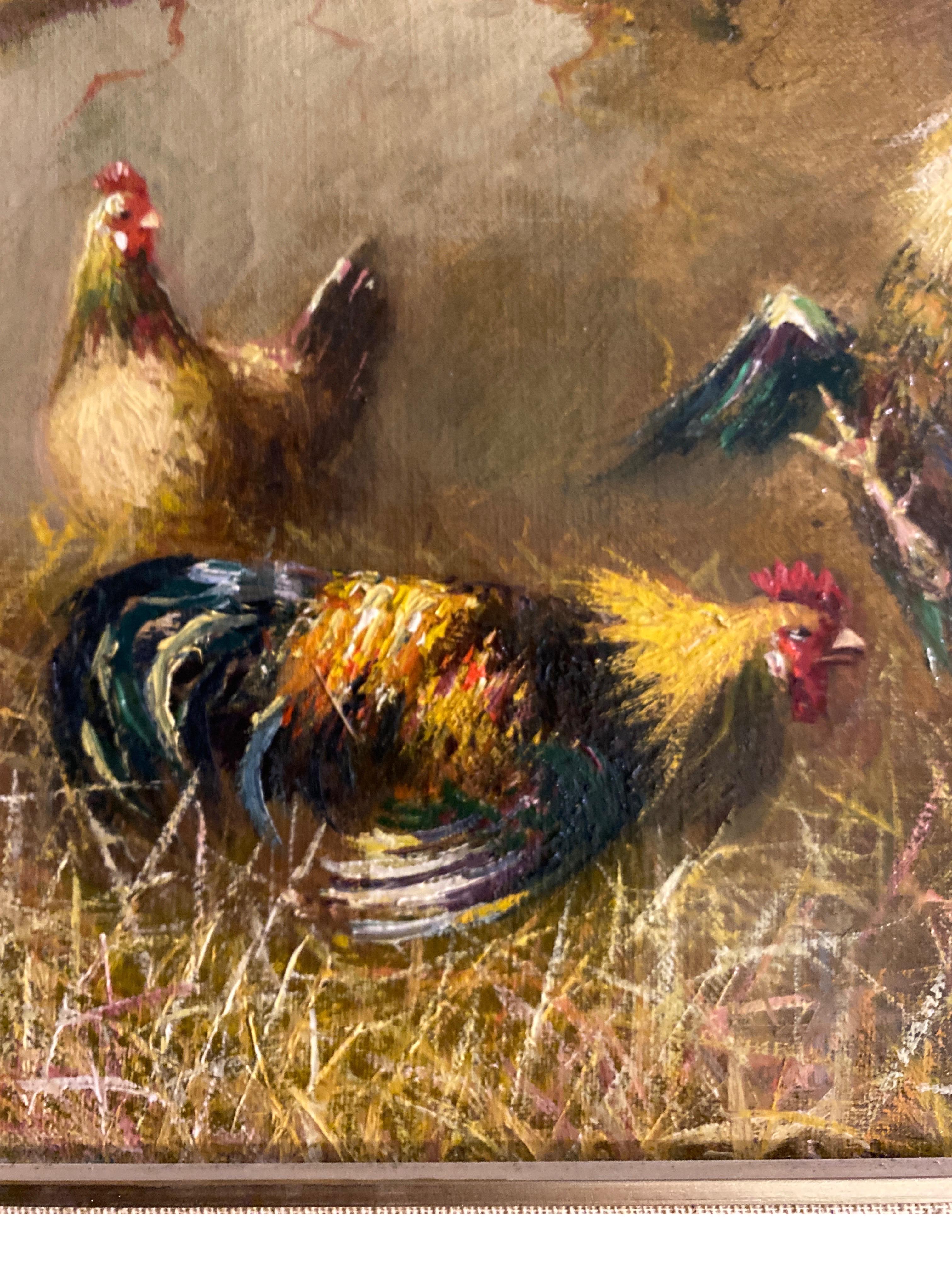 Original Late 19th Century Oil Painting on Canvas of Roosters For Sale 6