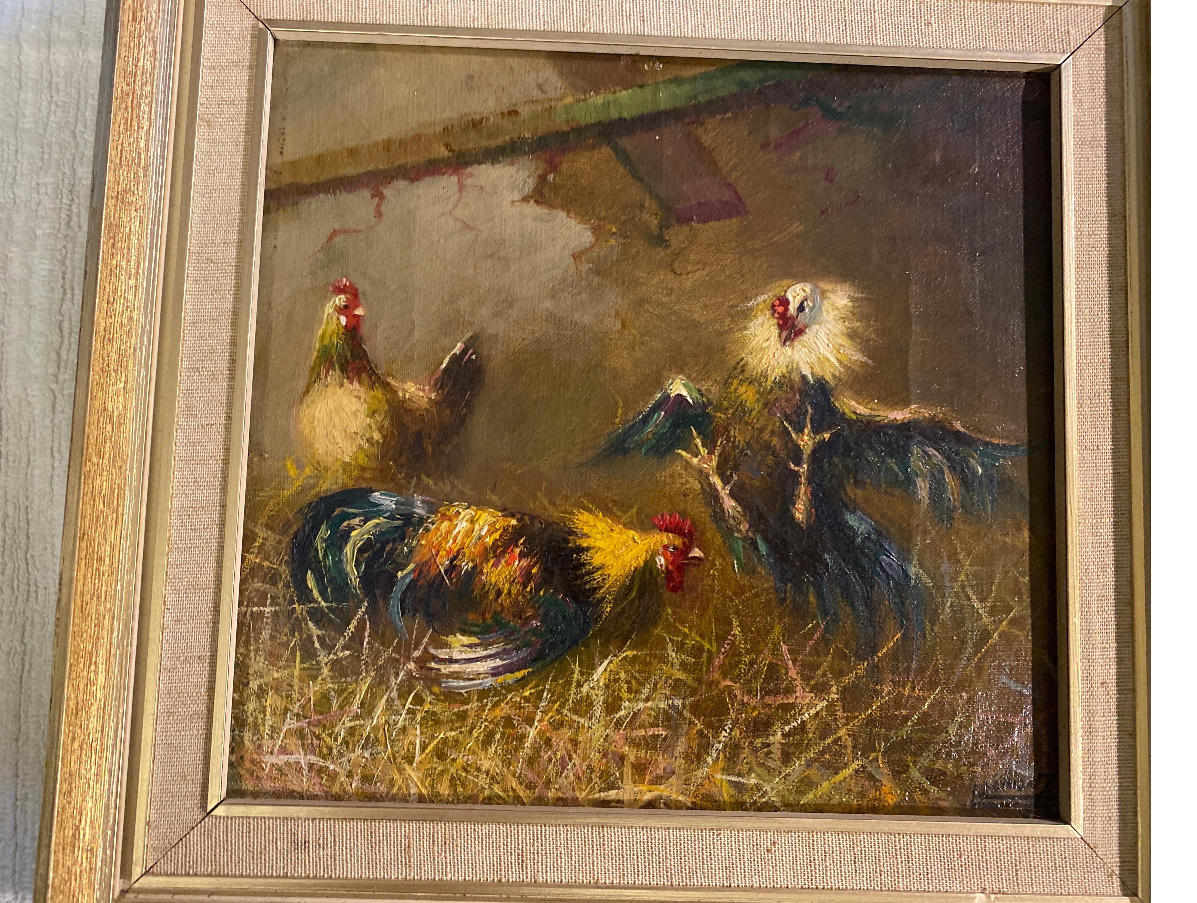 A charming impressionistic oil painting on canvas artist signed in lower corner. The painting with two roosters with a hen in background, The gilt wood frame with linen liner. 10.75 inches tall by 11.25 inches wide, unframes Unframed, 8.5 inches by
