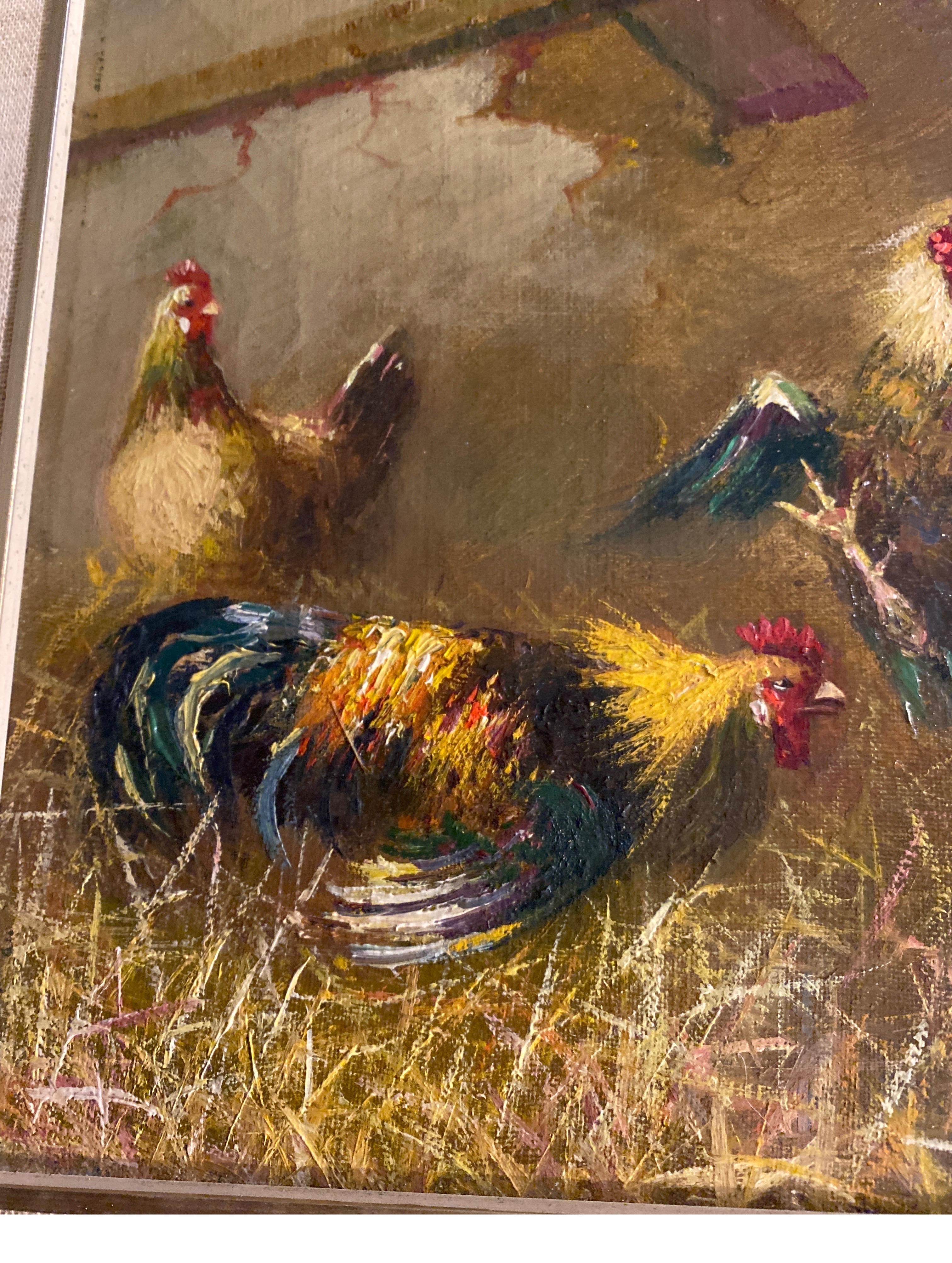 American Original Late 19th Century Oil Painting on Canvas of Roosters