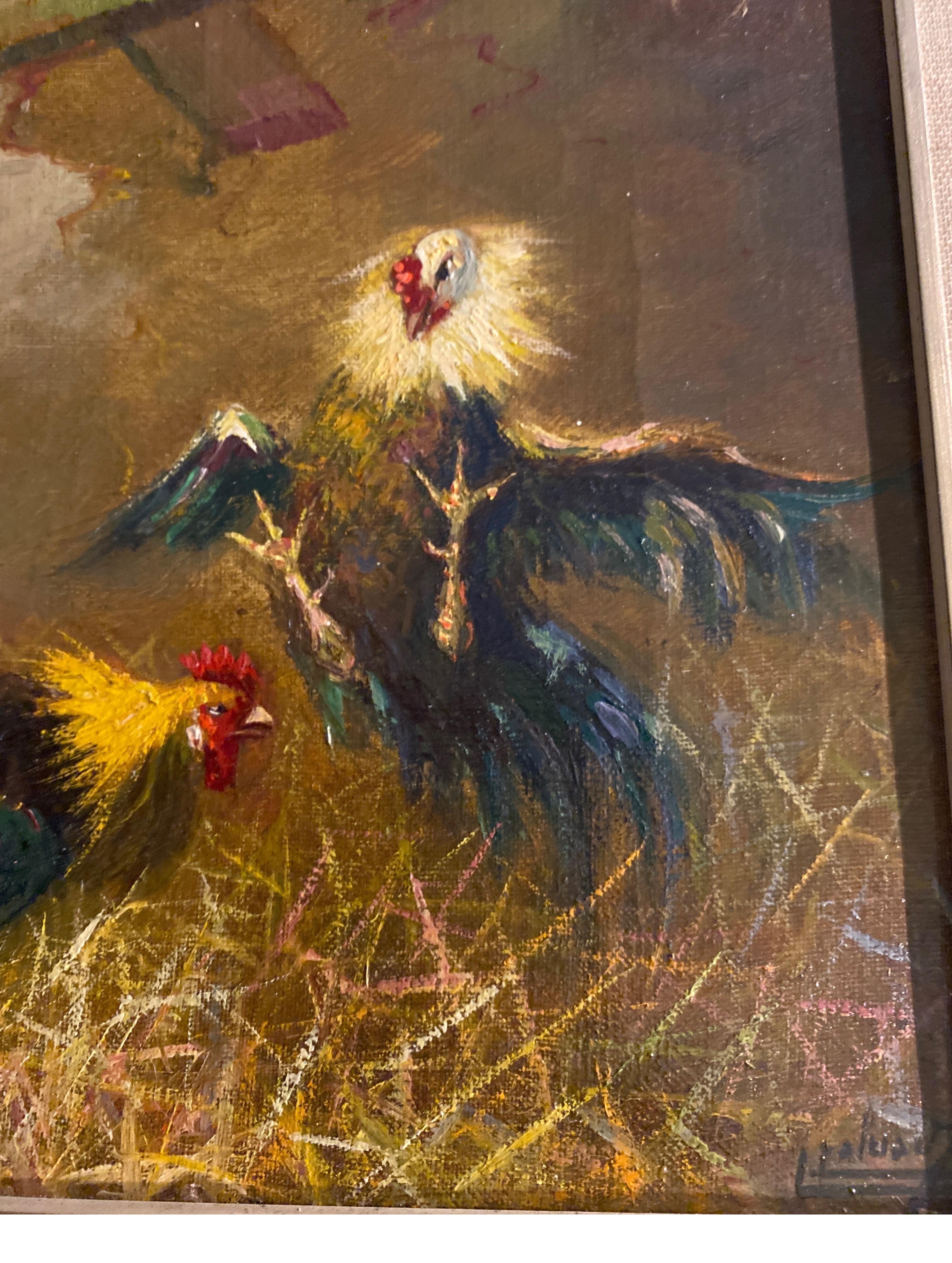 Hand-Painted Original Late 19th Century Oil Painting on Canvas of Roosters