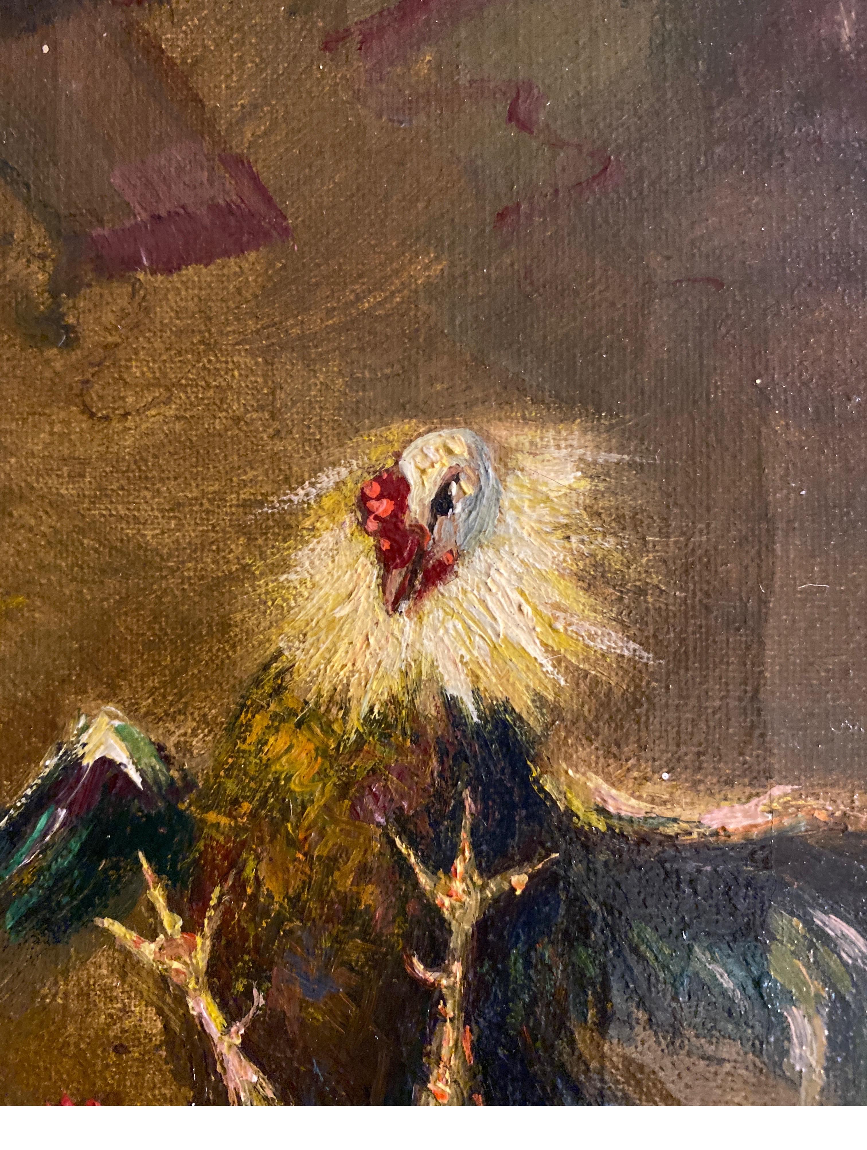 Original Late 19th Century Oil Painting on Canvas of Roosters For Sale 4