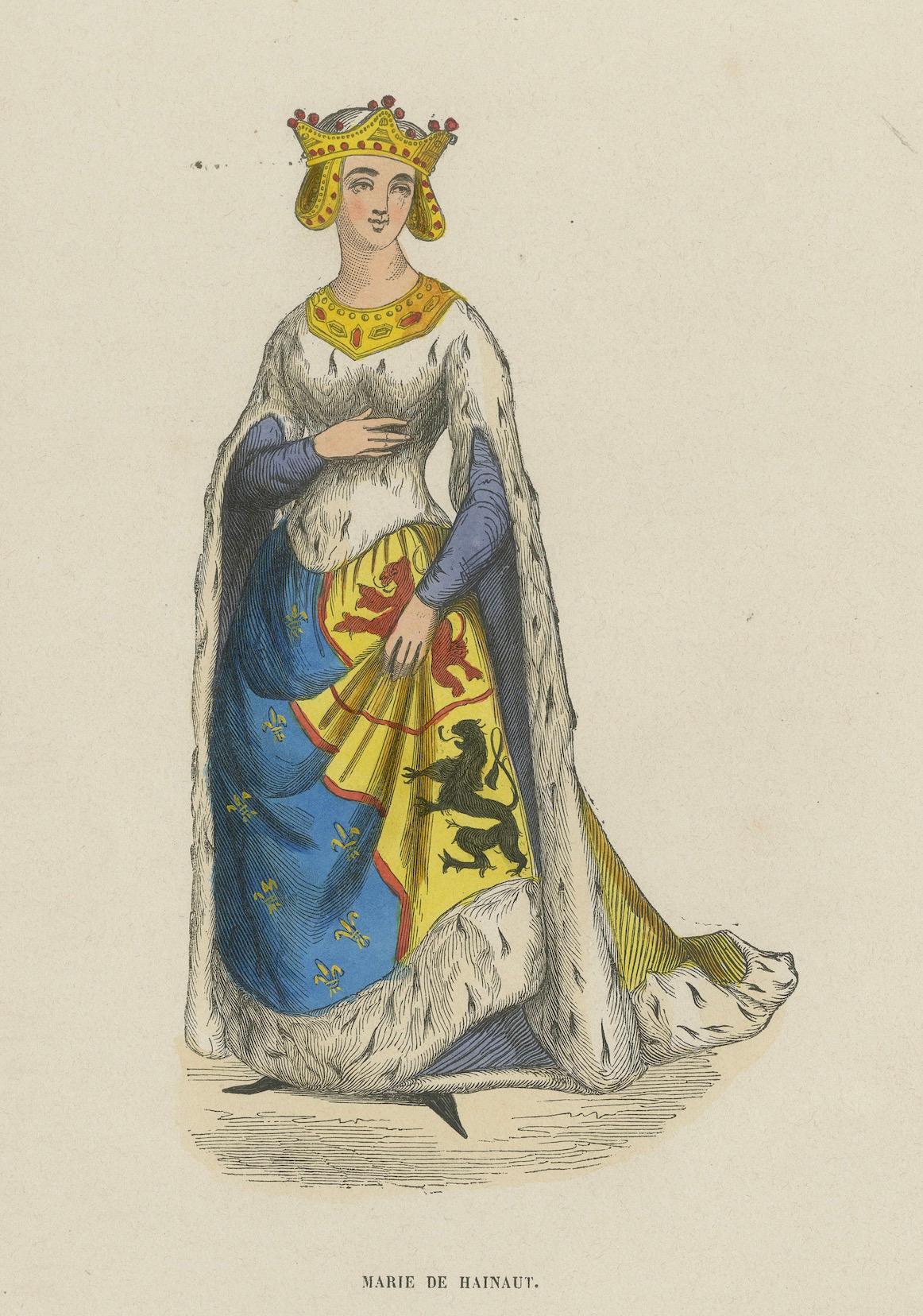 Paper An Original Lithograph Showing the Regal Elegance of Marie de Hainaut, 1845 For Sale