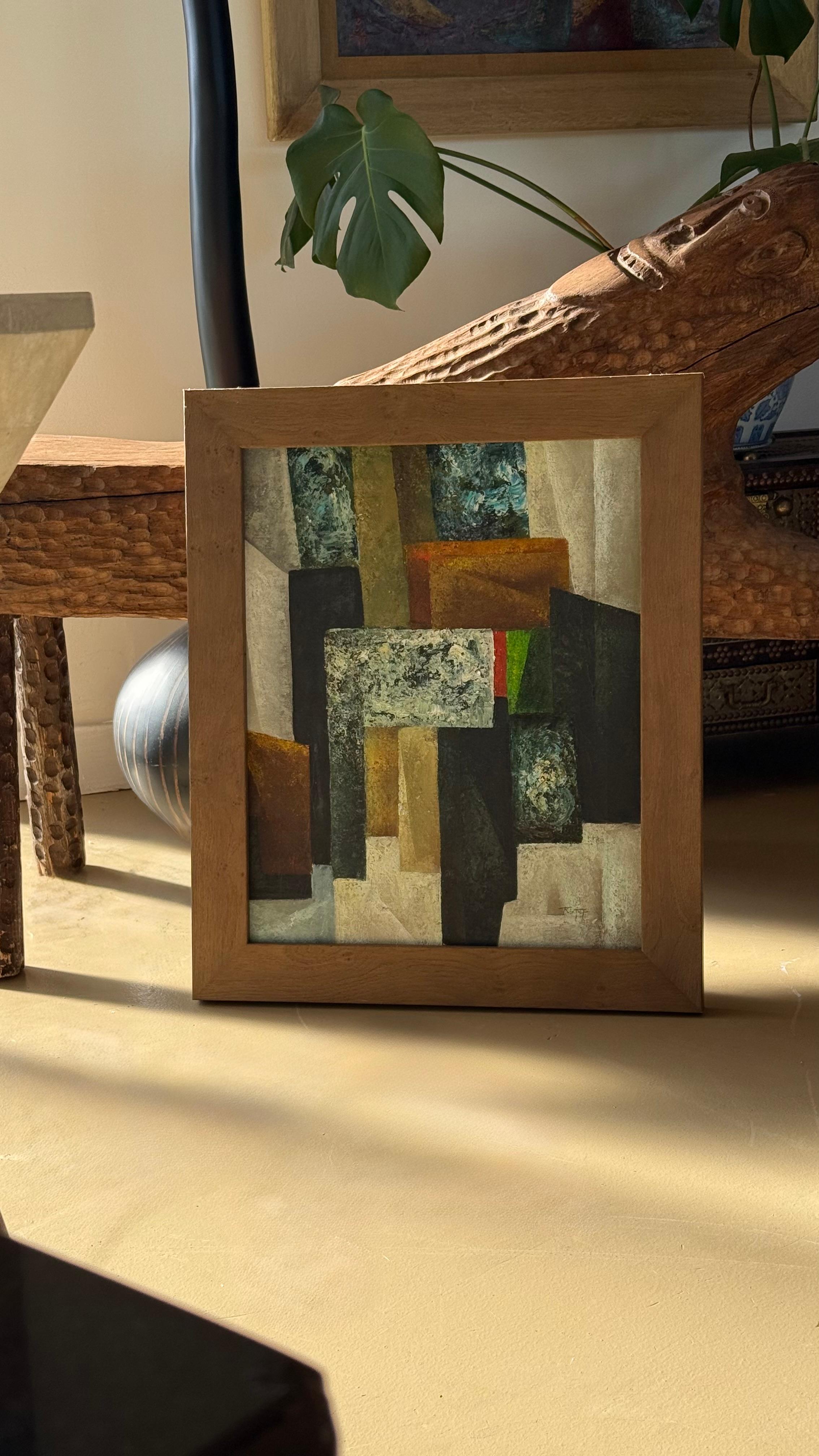 Un dipinto astratto a blocchi di colore originale della metà del secolo scorso, firmato dall'artista, metà del XX secolo. Olio su tela. Toni di liquirizia, ceruleo, ocra, crema e un tocco di rosso cadmio e verde lime. Incorniciato in legno e pronto