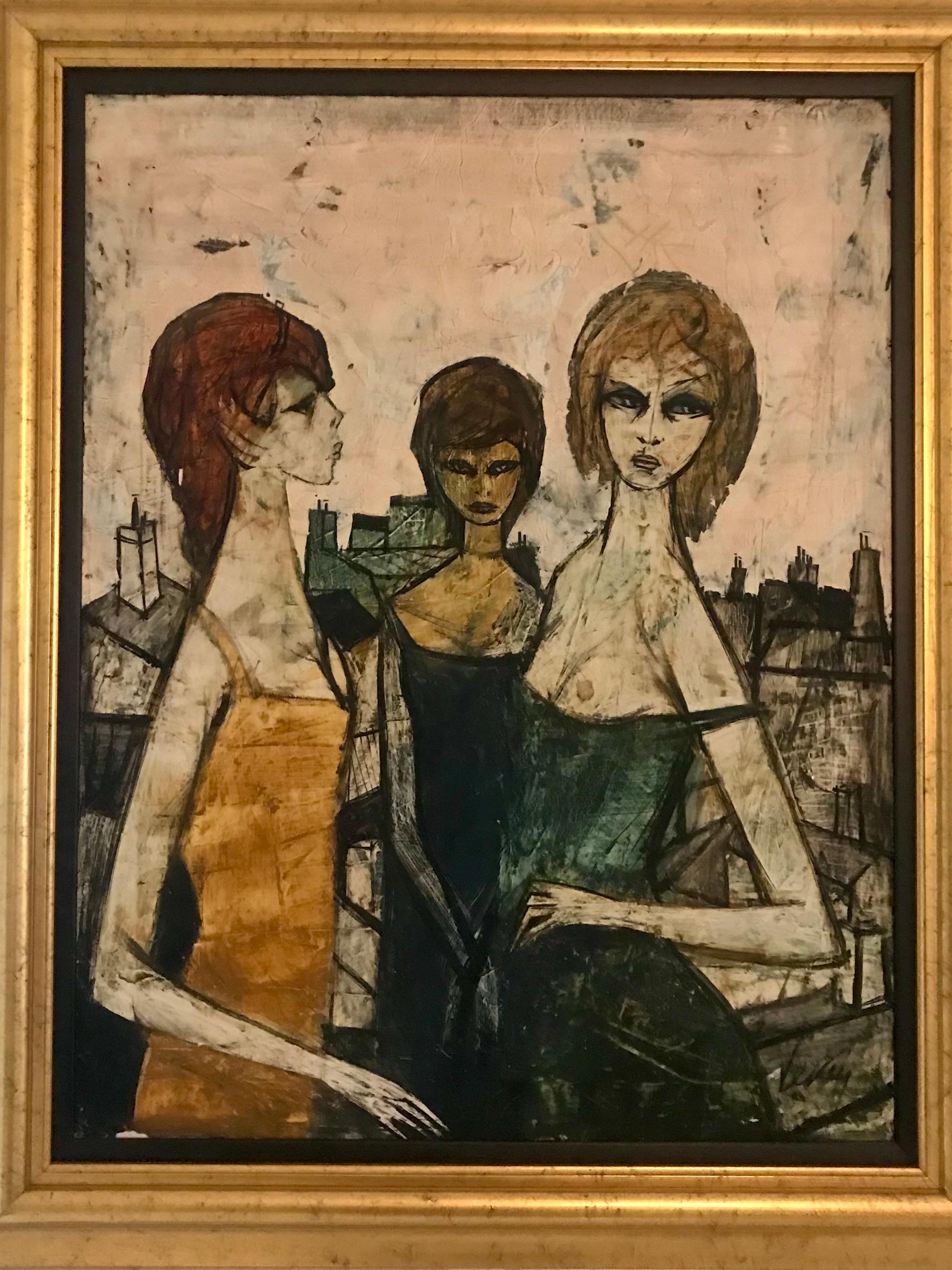 Mid-Century Modern Original Oil on Canvas Painting by Charles Levier of Les Filles, circa 1950s