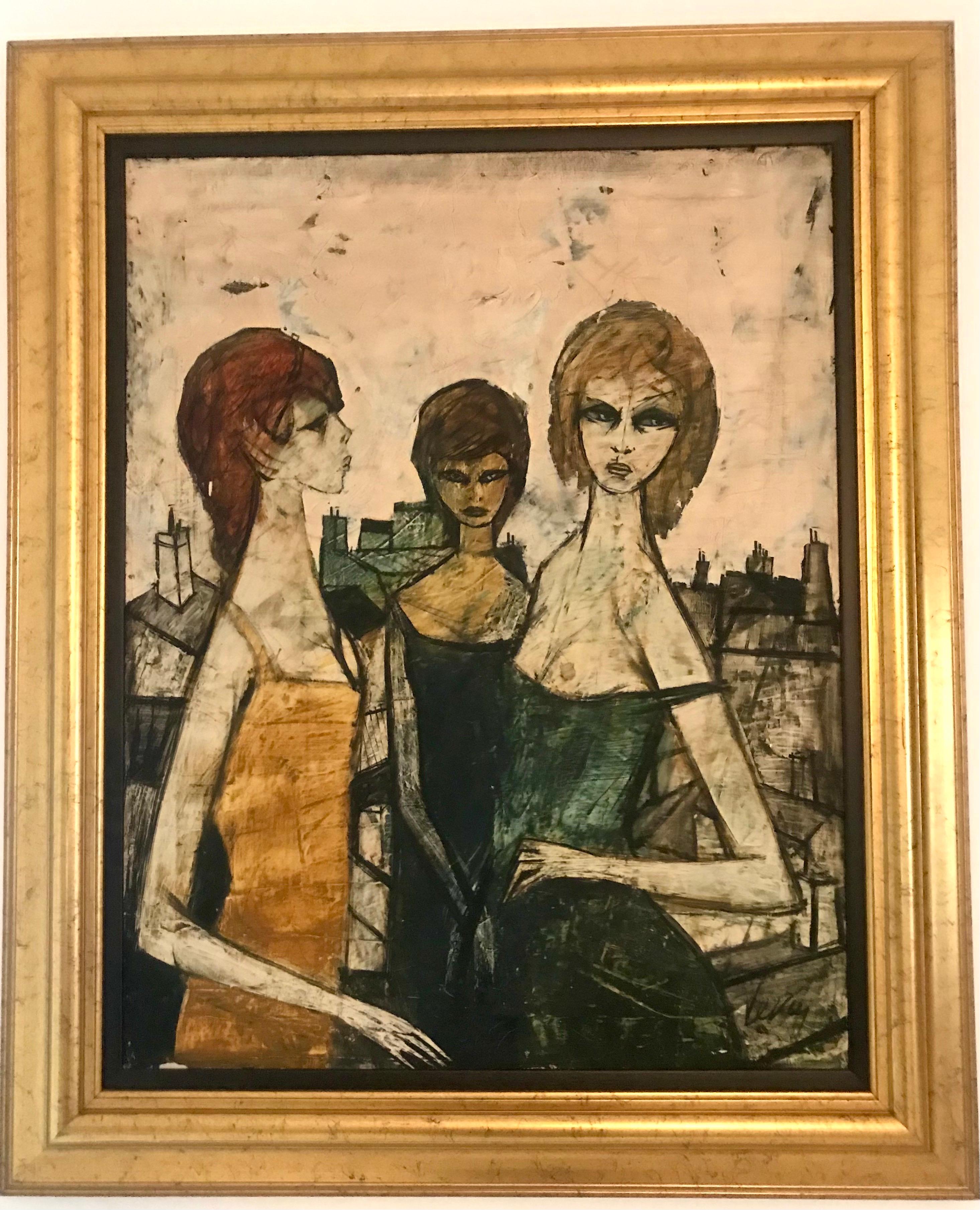 Original Oil on Canvas Painting by Charles Levier of Les Filles, circa 1950s In Good Condition In Miami, FL