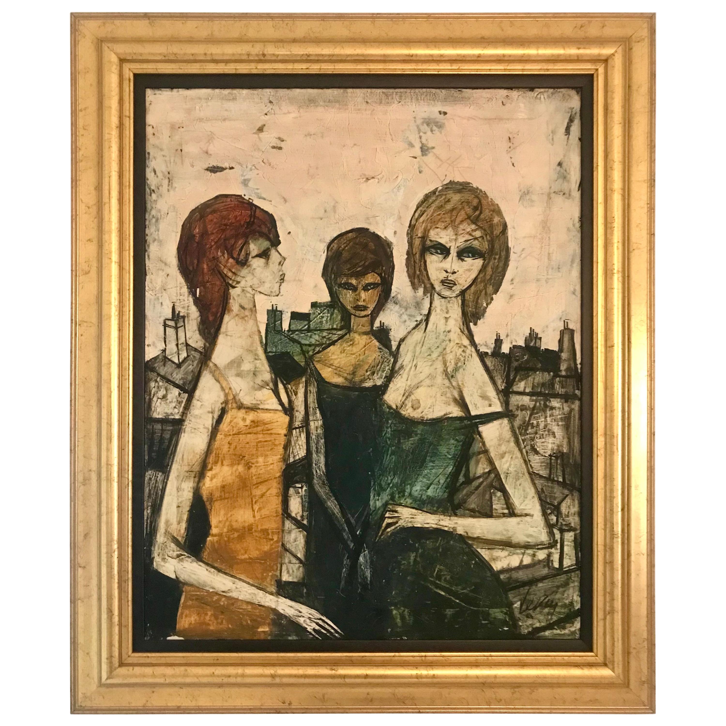 Original Oil on Canvas Painting by Charles Levier of Les Filles, circa 1950s